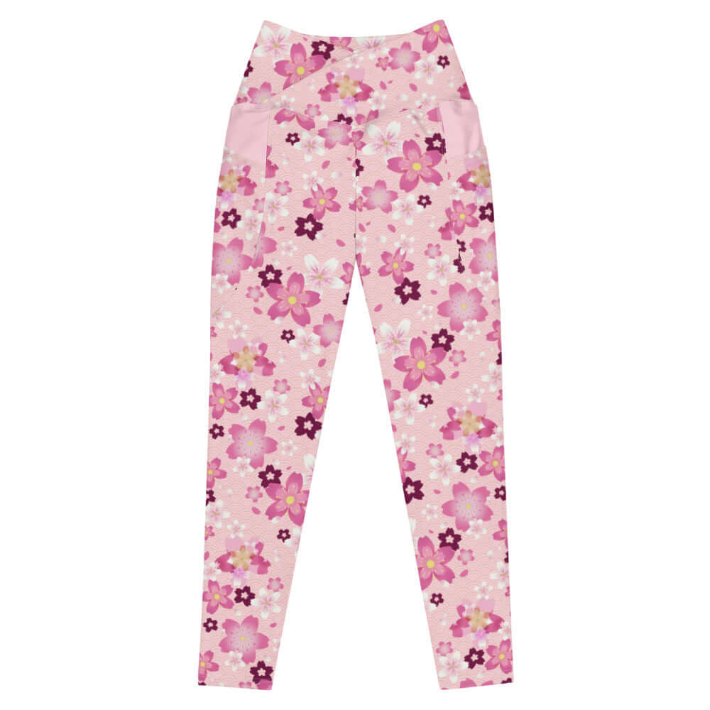 Stylish Premium Sakura Leggings in pink floral design, perfect for spring workouts and casual outings. Soft and comfortable.