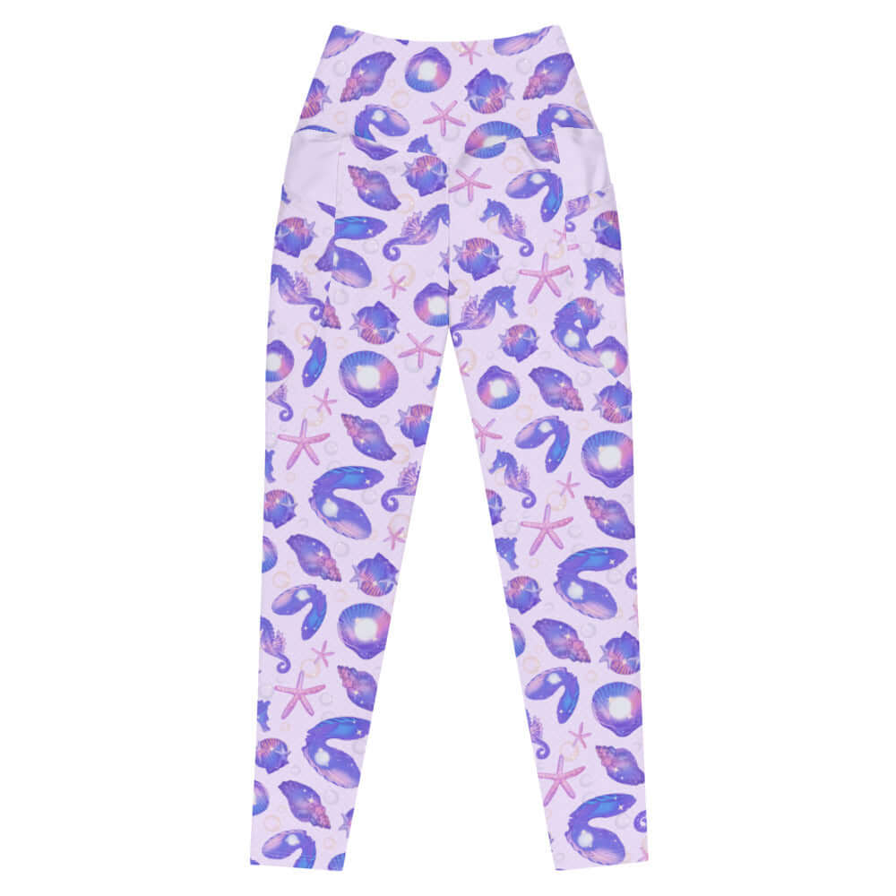 Premium Sea Princess Leggings showcase a whimsical seashell and starfish design, perfect for mermaid-inspired outfits.