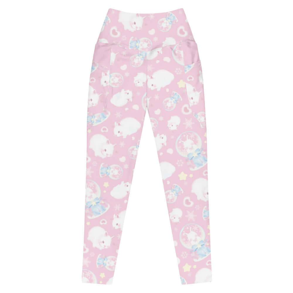 Premium Snow Bunny Leggings in pink with cute bunnies, perfect for lounging, the gym, and everyday comfort.