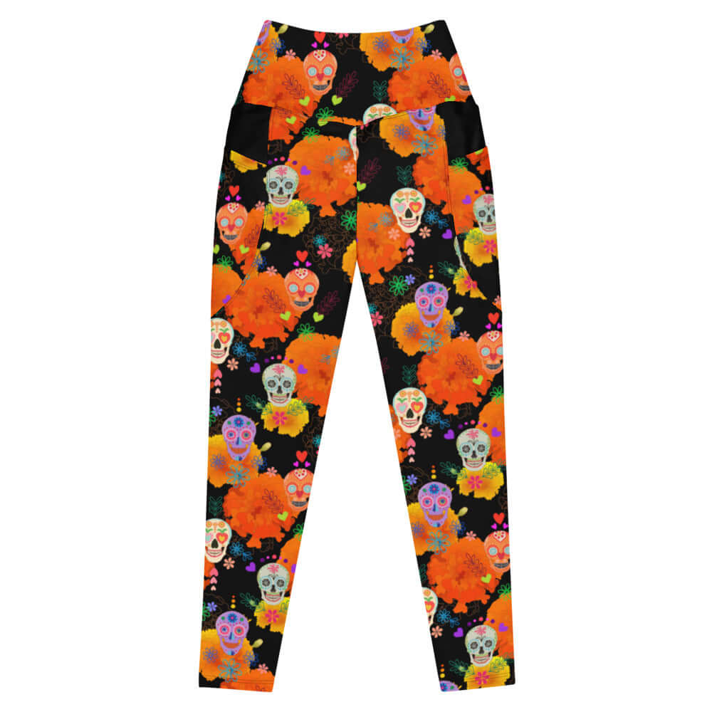 Vibrant Premium Sugar Skull Leggings with a high-waisted cut and practical pockets for stylish comfort.