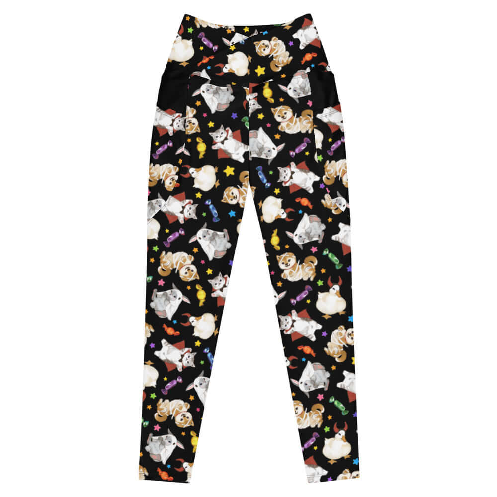 Stylish Premium Trick or Treaters Leggings featuring playful pets and Halloween treats, perfect for festive fun!