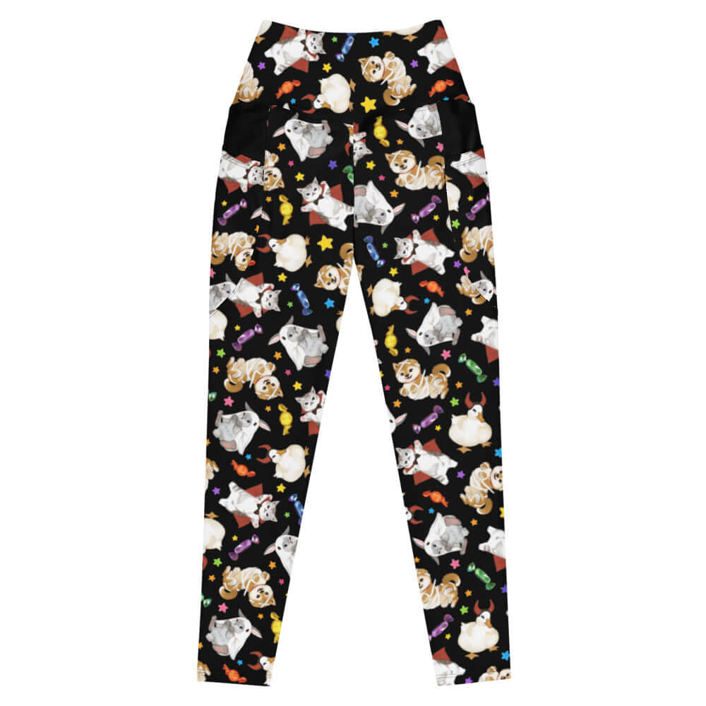 Premium Trick or Treaters Leggings feature adorable pet designs, perfect for Halloween fun and cozy comfort.