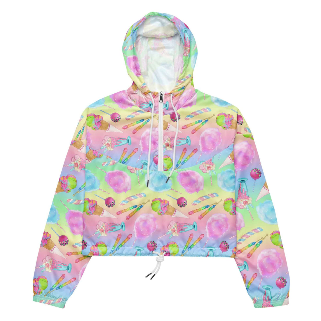 Vibrant Rainbow Candy cropped windbreaker, perfect for adventures with waterproof design and stylish candy print.