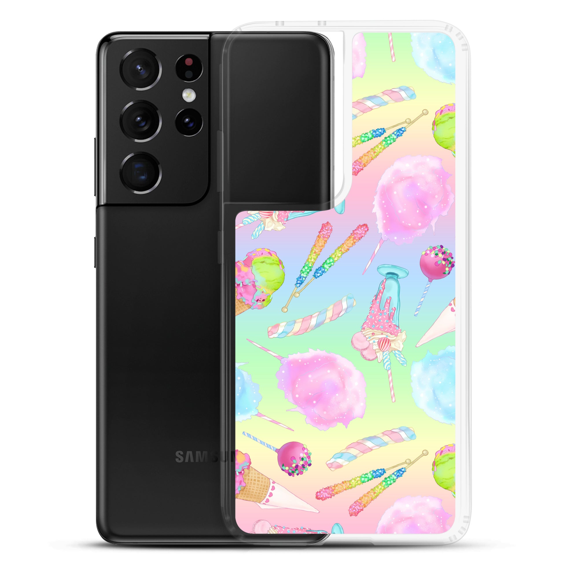 Rainbow Candy Samsung® Clear Case features a pastel candy design, perfect for summer outfits and phone protection.