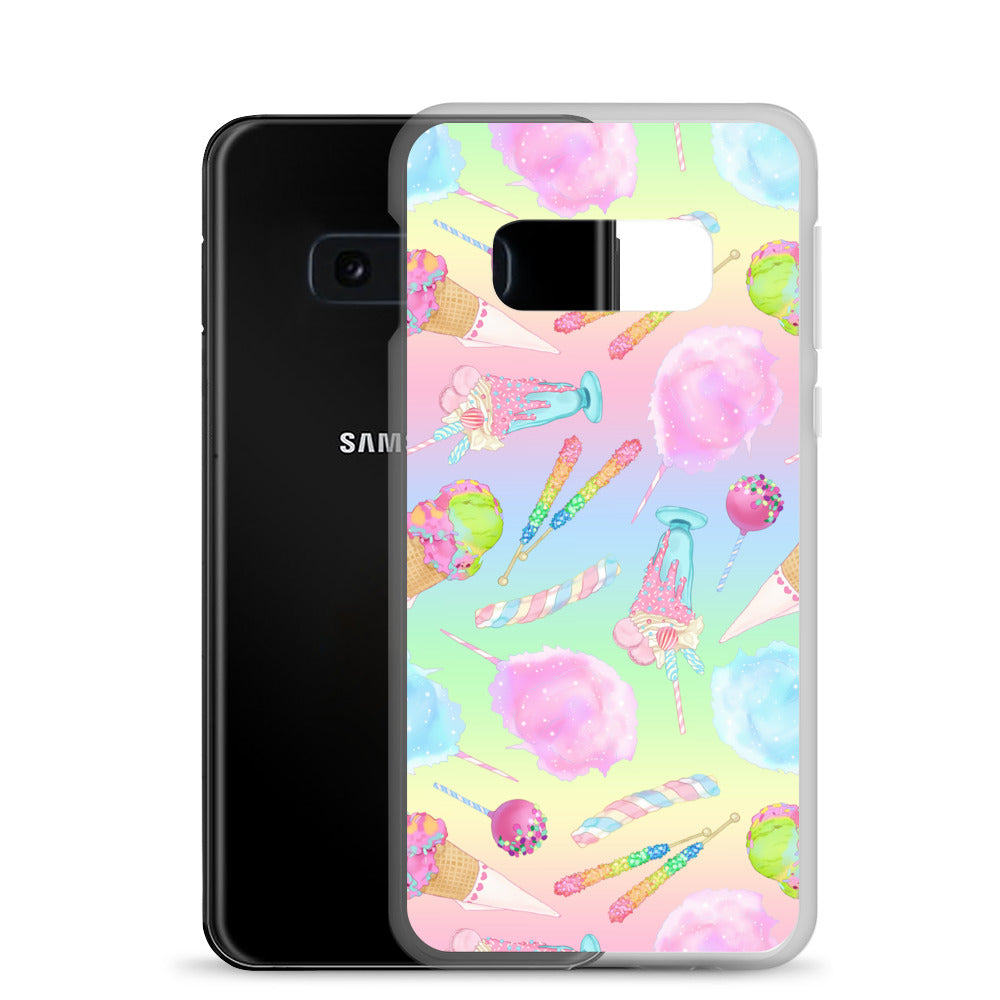 Colorful Rainbow Candy Samsung® Clear Case featuring sweet treats, perfect for summer outfits and phone protection.