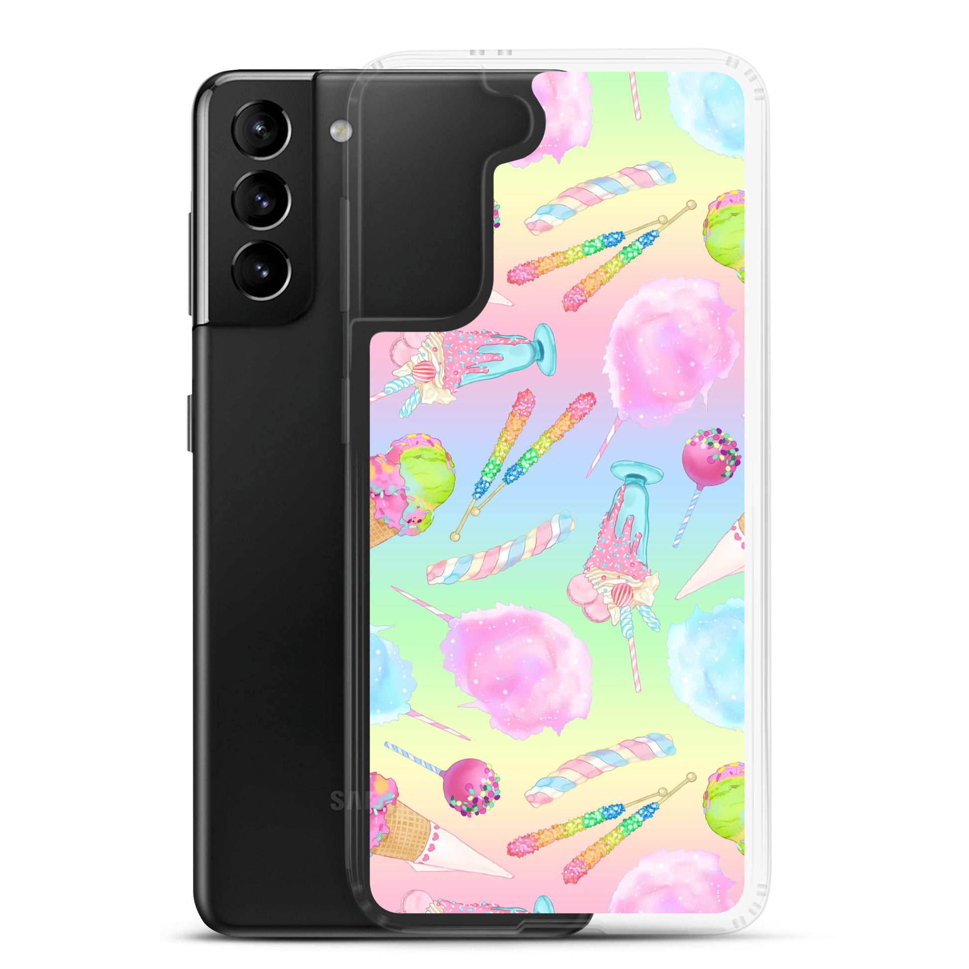 Colorful Rainbow Candy Samsung® Clear Case featuring sweet treats design, perfect for summer outfits and protection.