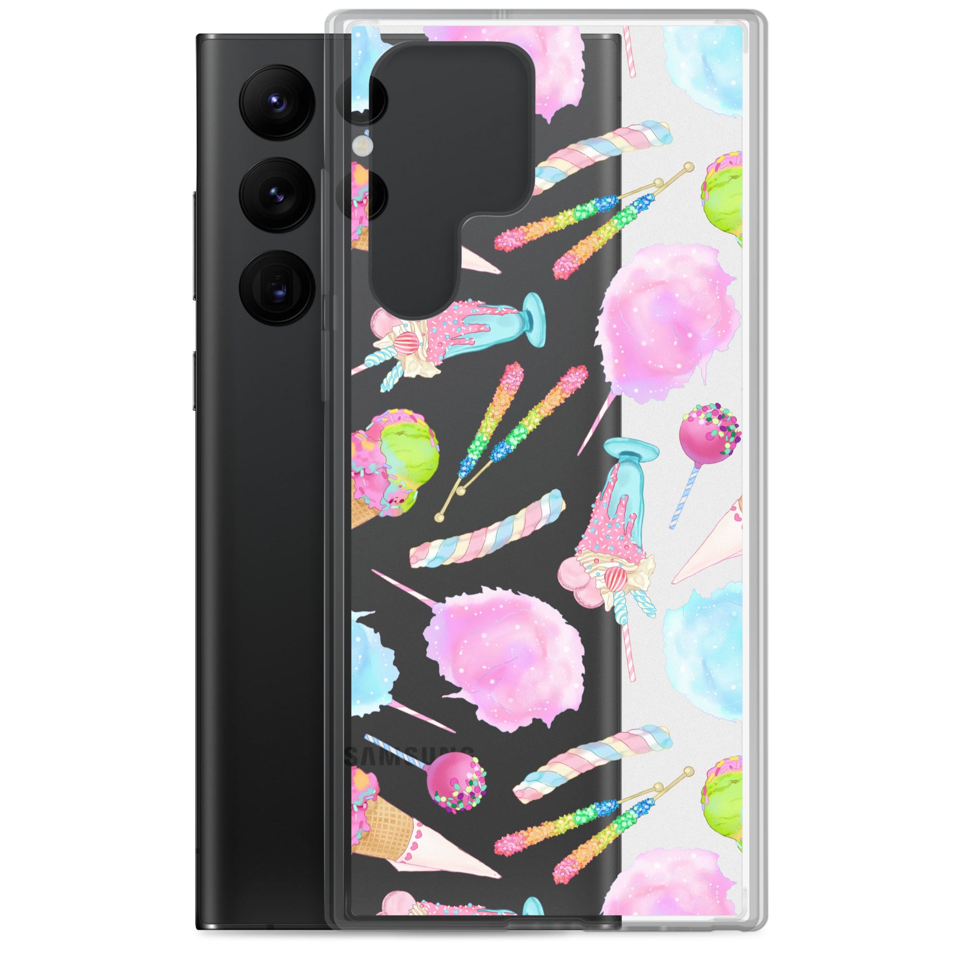 Colorful Rainbow Candy Samsung® Clear Case featuring sweet treats, perfect for summer outfits and phone protection.