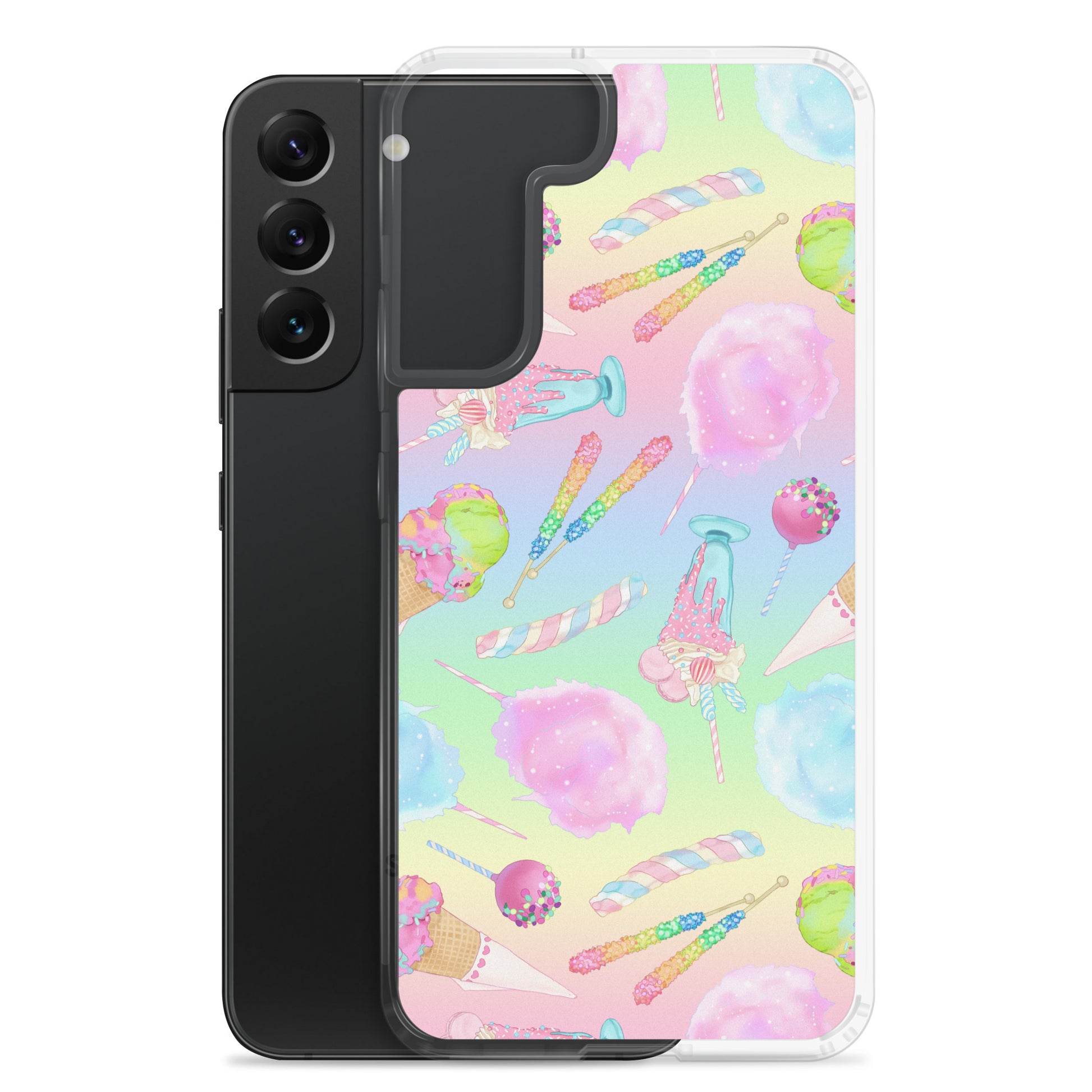 Colorful Rainbow Candy Samsung® Clear Case features sweet treats design, perfect for summer outfits and phone protection.