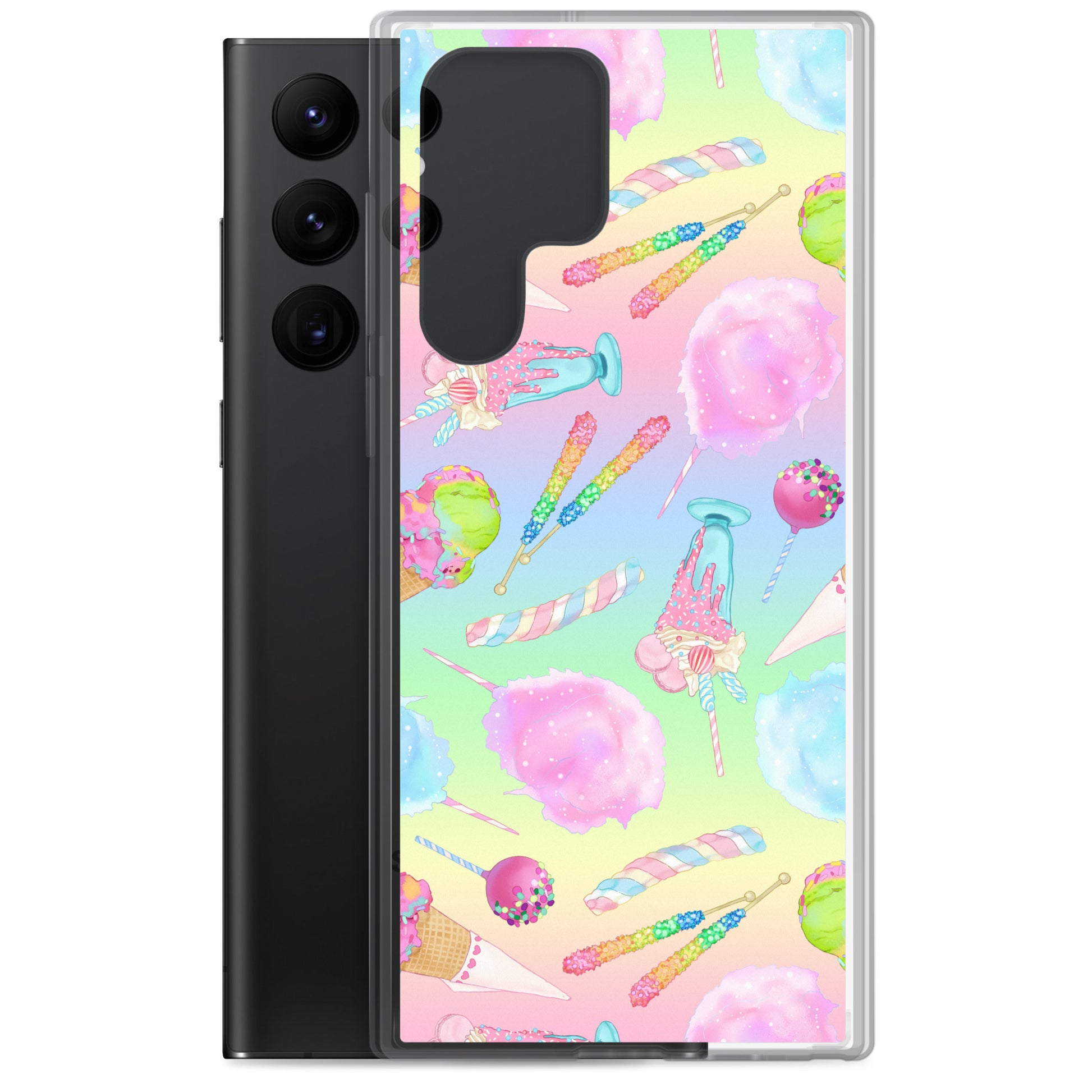 Colorful Rainbow Candy Samsung® Clear Case showcasing pastel sweets, perfect for summer outfits and phone protection.