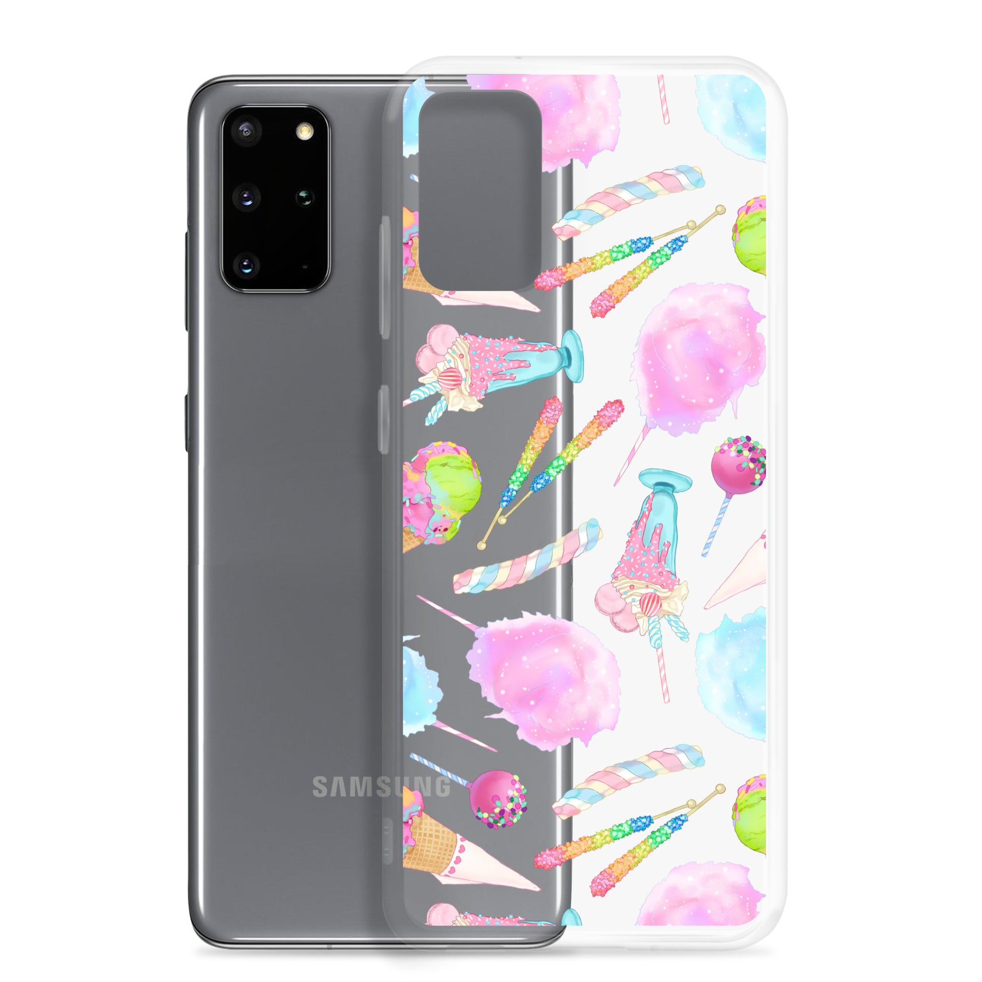 Rainbow Candy Samsung® Clear Case showcasing vibrant candy designs, perfect for summer style and phone protection.