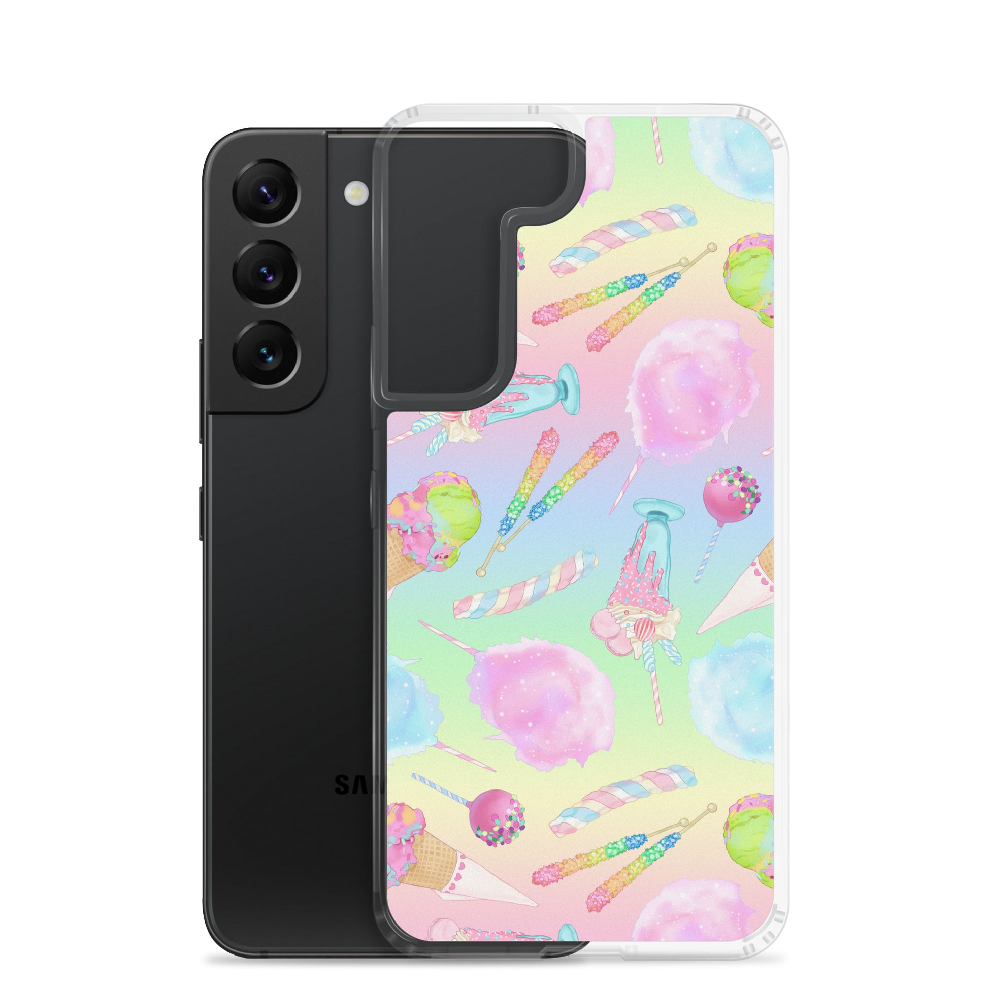Colorful Rainbow Candy Samsung® Clear Case showcases pastel treats, perfect for summer style and phone protection.