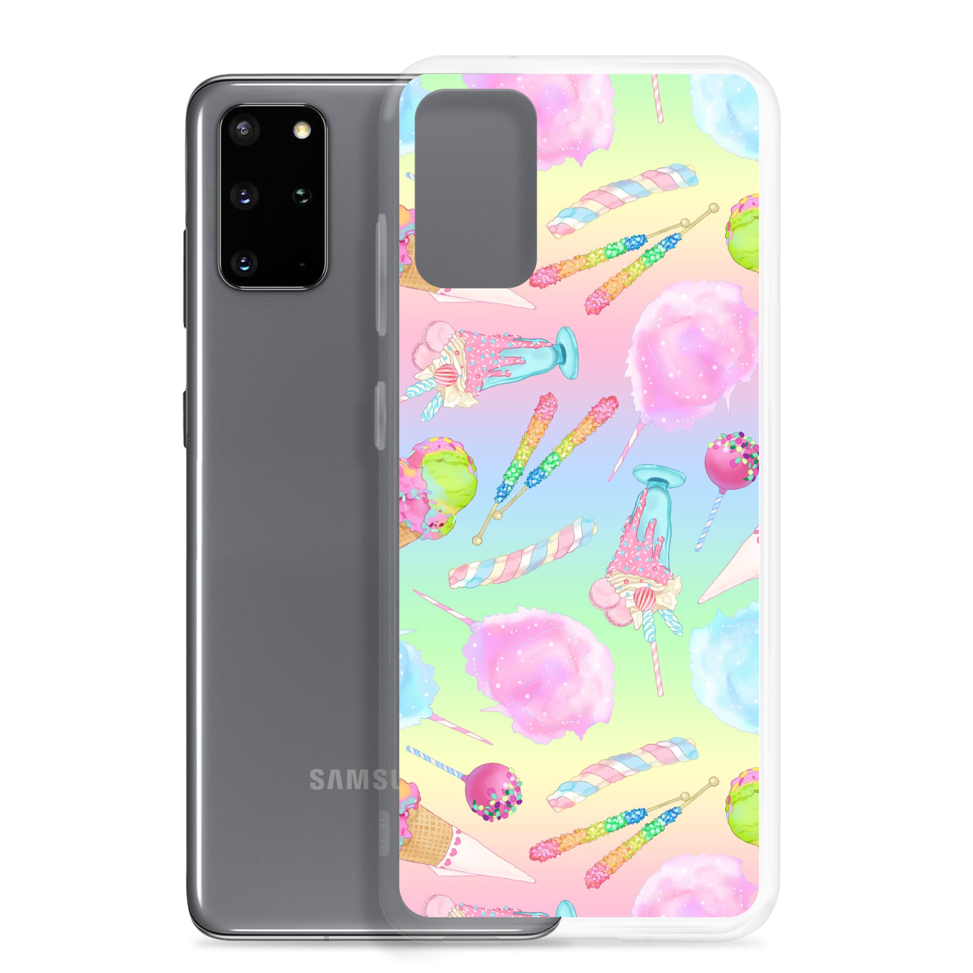 Colorful Rainbow Candy Samsung® Clear Case featuring a fun candy design, perfect for summer outfits and phone protection.