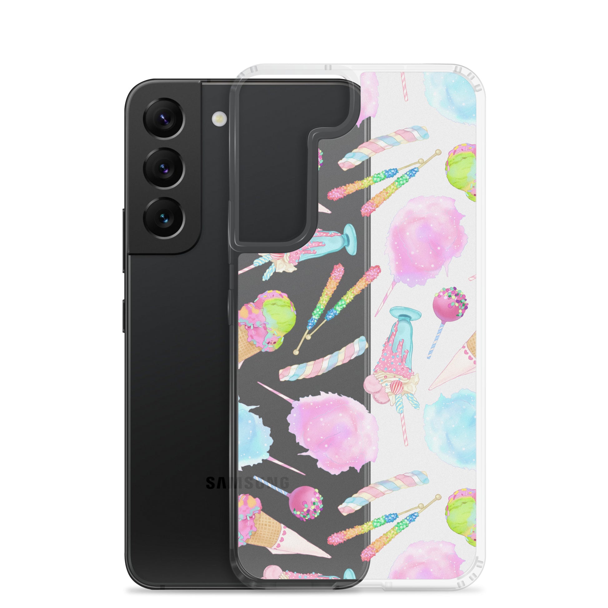Colorful Rainbow Candy Samsung® Clear Case featuring sweet treats, perfect for summer outfits and phone protection.