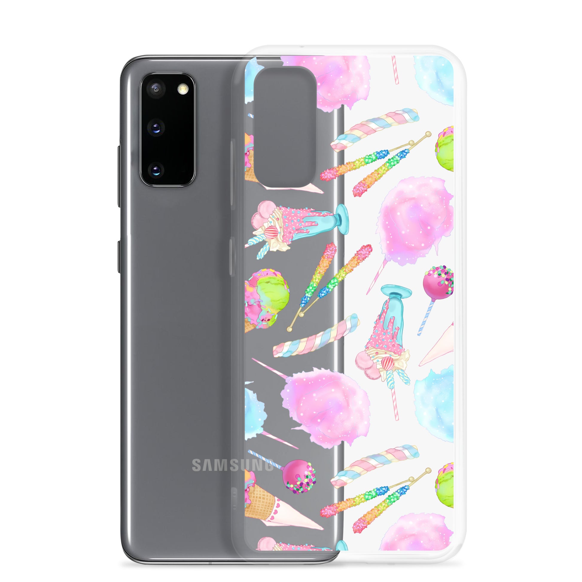 Rainbow Candy Samsung® Clear Case features vibrant pastel sweets, perfect for summer and protecting your phone stylishly.