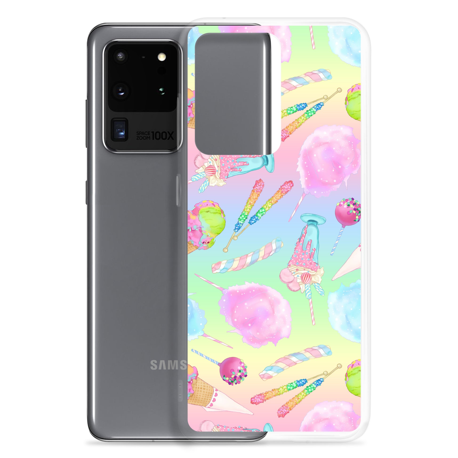 Vibrant Rainbow Candy Samsung® Clear Case showcases sweet pastel colors, perfect for summer and phone protection.
