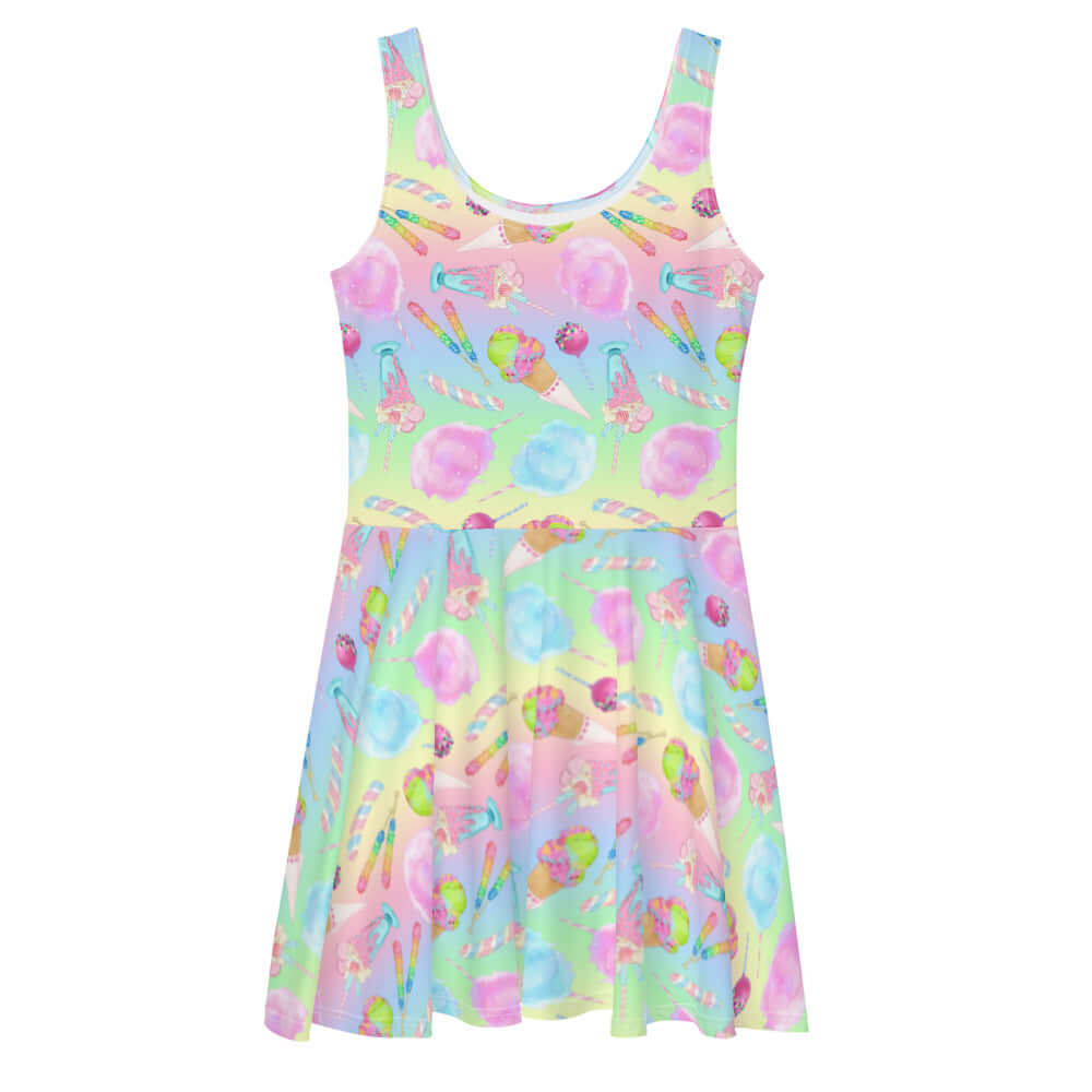 Colorful Rainbow Candy Skater Dress with a flared skirt, perfect for summer outings and festivals.