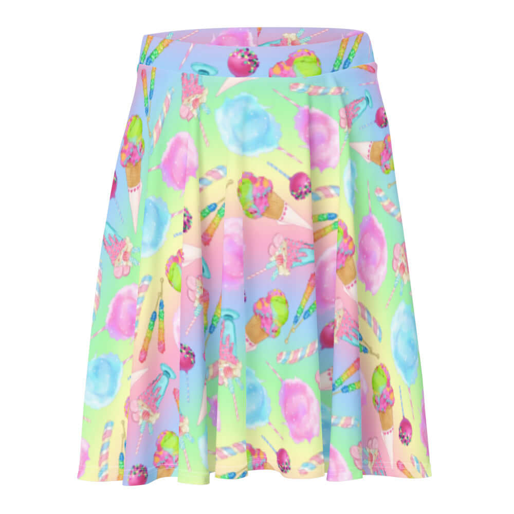 Pastel and playful, the Rainbow Candy Skater Skirt is a perfect statement piece for any wardrobe.