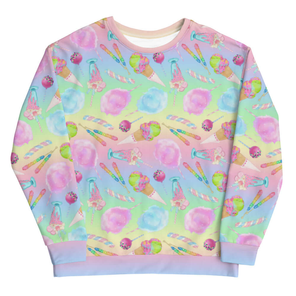 Colorful Rainbow Candy Sweatshirt featuring sweet treats, perfect for those with a sweet tooth and love for vibrant fashion.