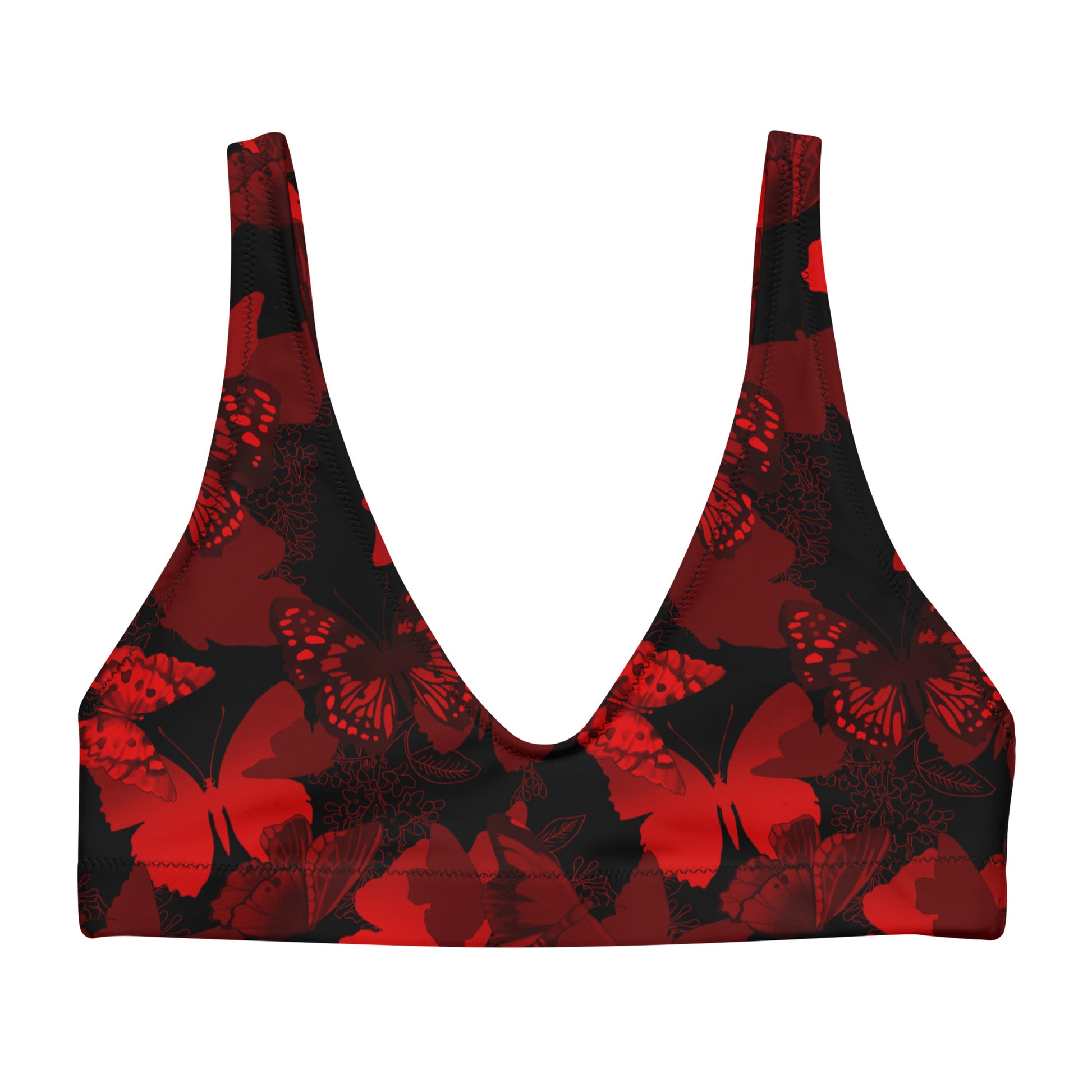 Elevate your beach style with the Butterfly Padded Bikini Top, featuring a bold red butterfly design on black.