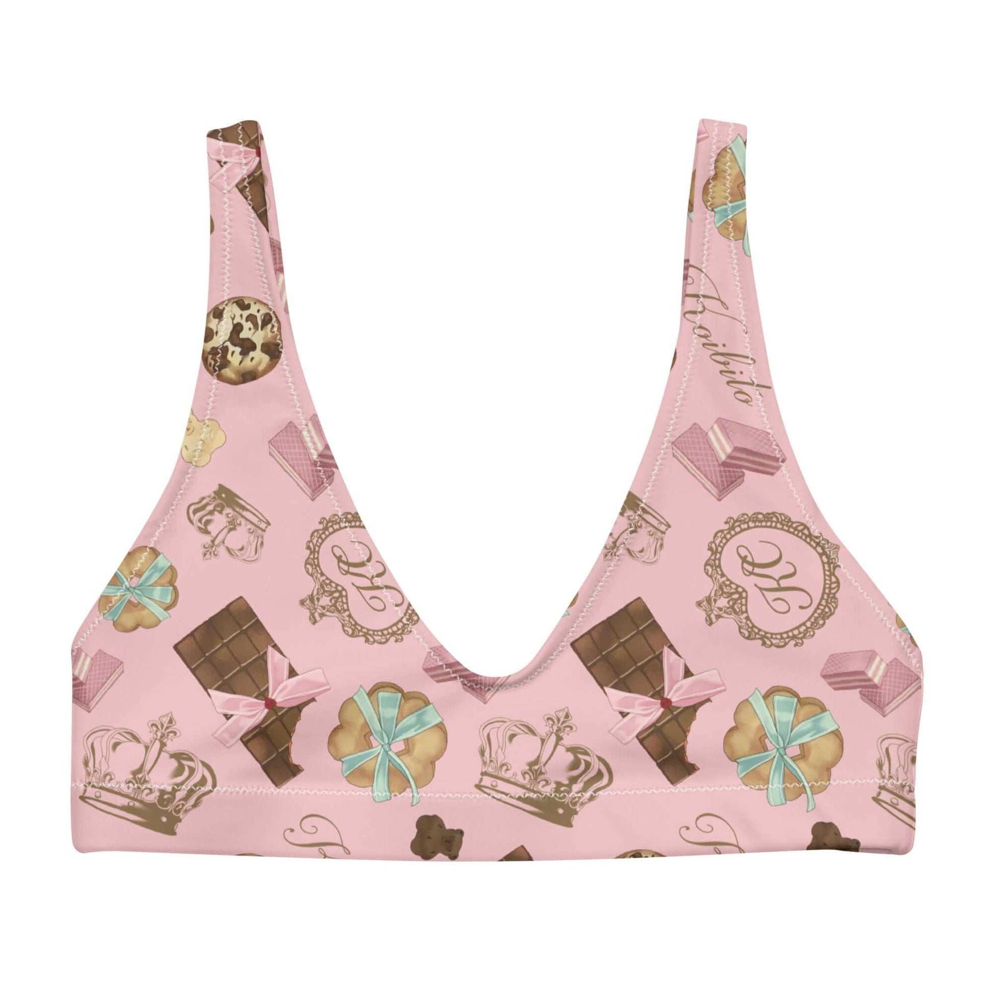 Stylish Royal Cookie Padded Bikini Top features playful chocolate designs, perfect for summer fun and mix-and-match versatility.
