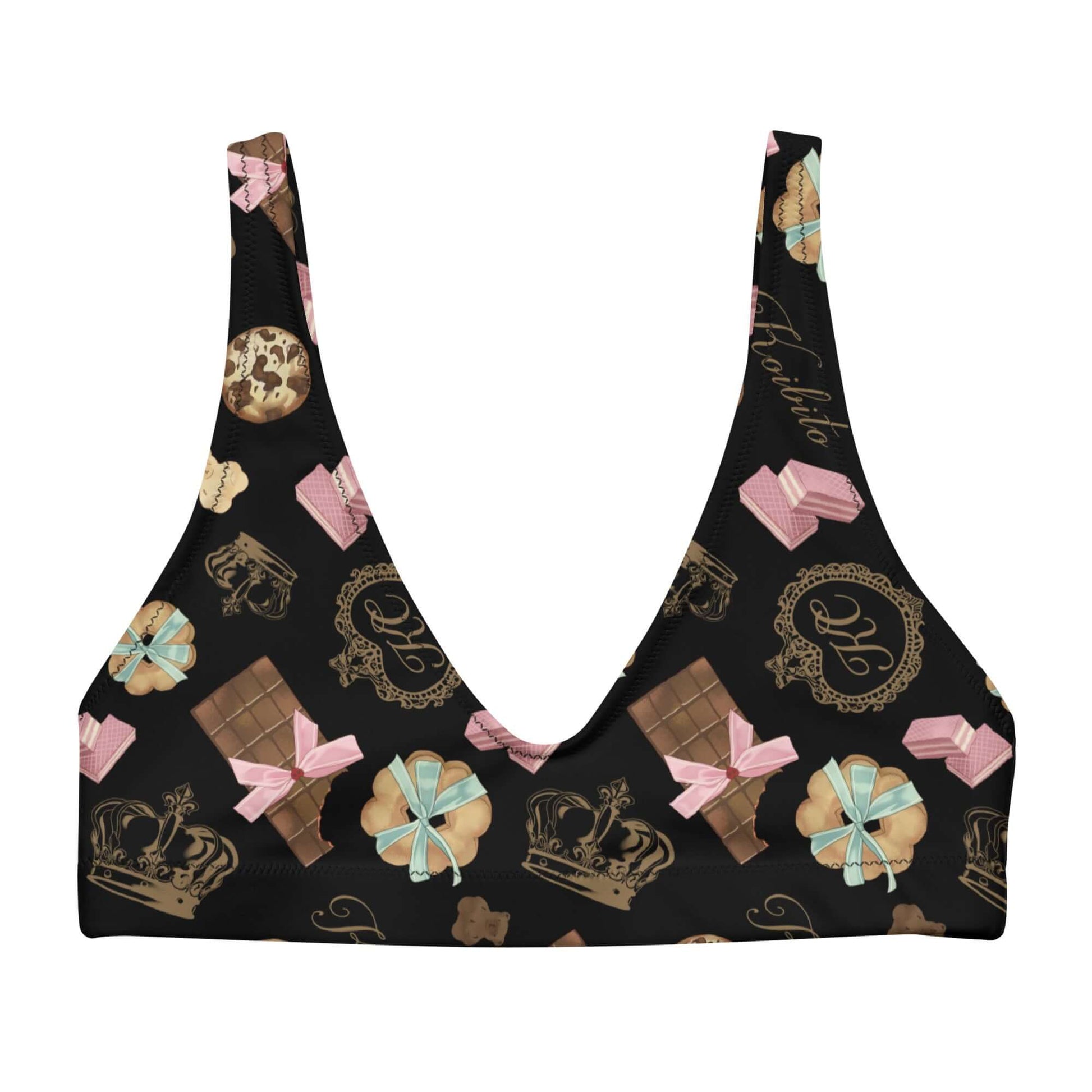 Stylish Royal Cookie Padded Bikini Top featuring playful chocolate designs, perfect for summer fun and comfort.