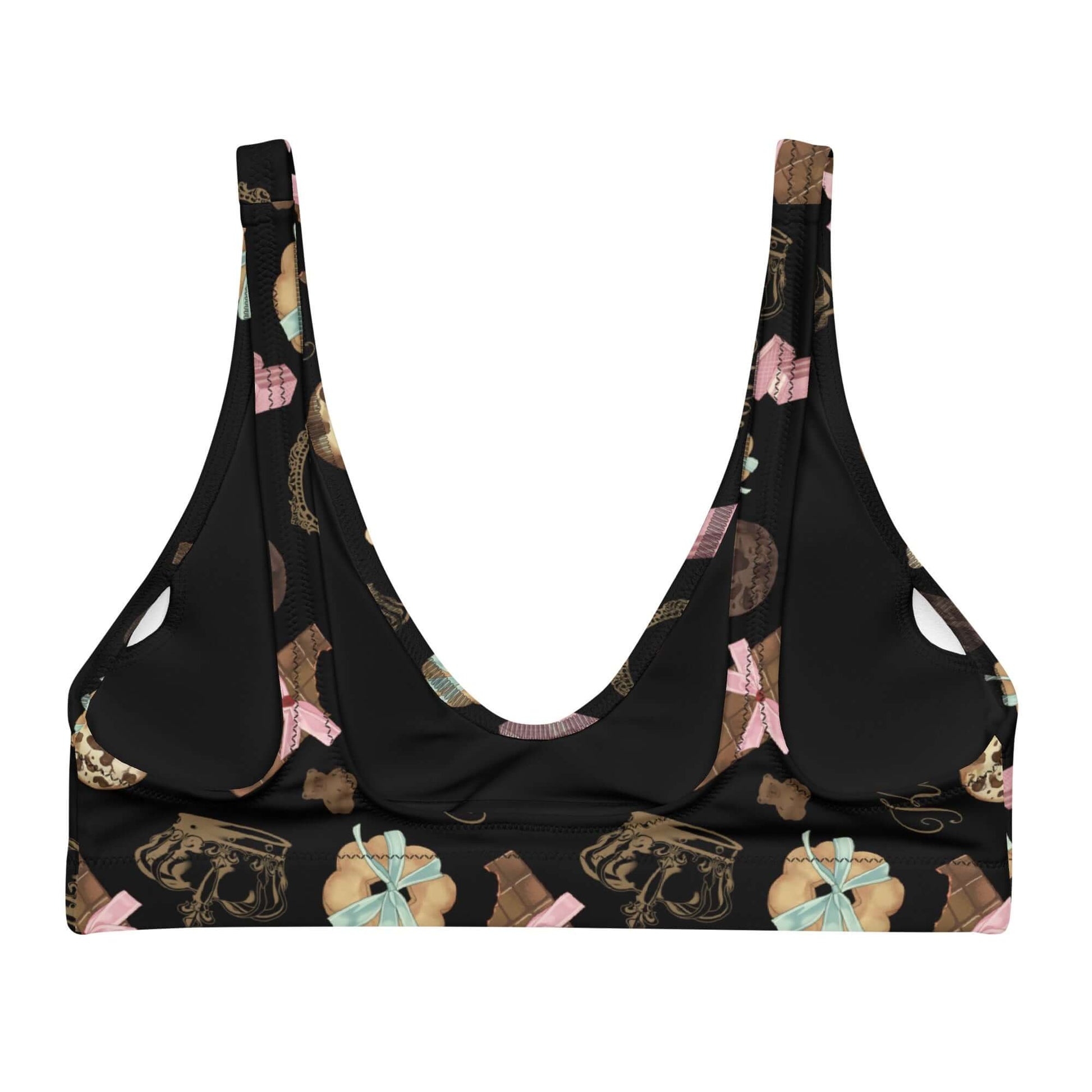 Stylish Royal Cookie Padded Bikini Top featuring a fun chocolate print, perfect for summer beach outings.