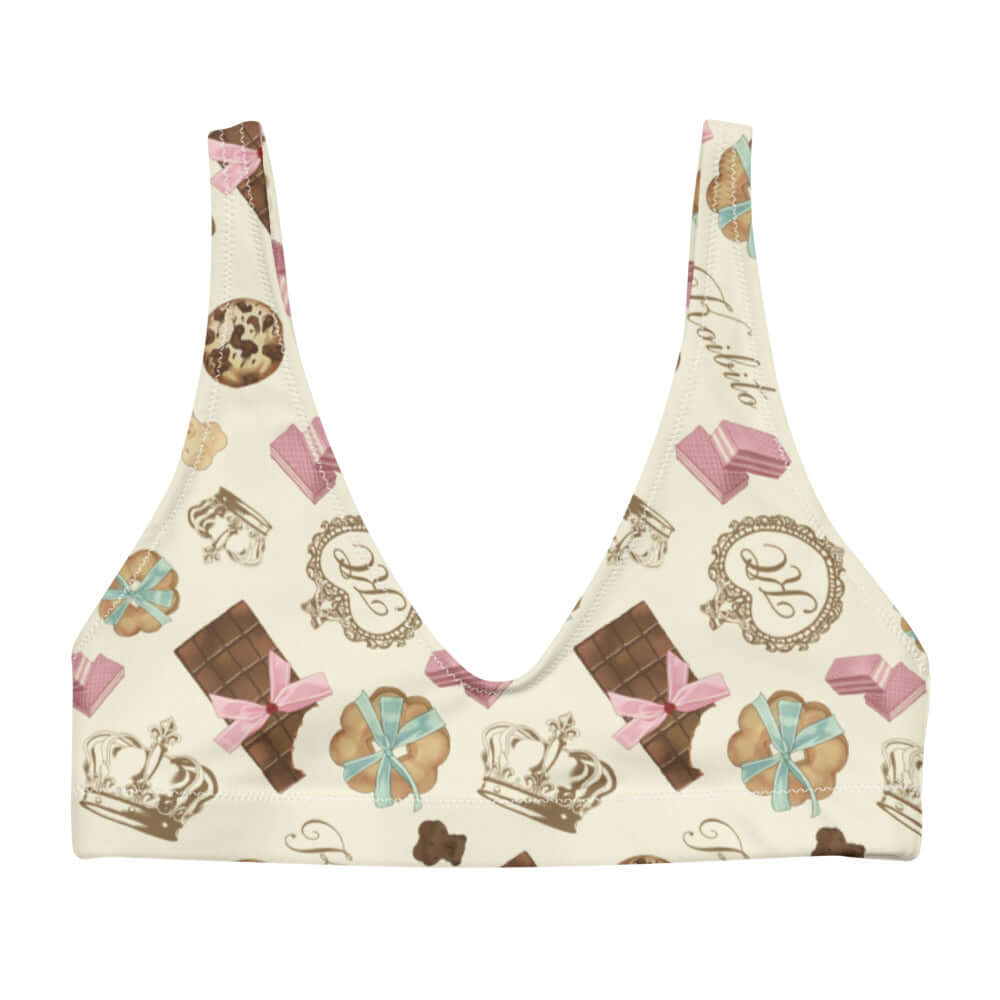 Enjoy summer style with the Royal Cookie Padded Bikini Top, featuring a playful chocolate print and removable pads.