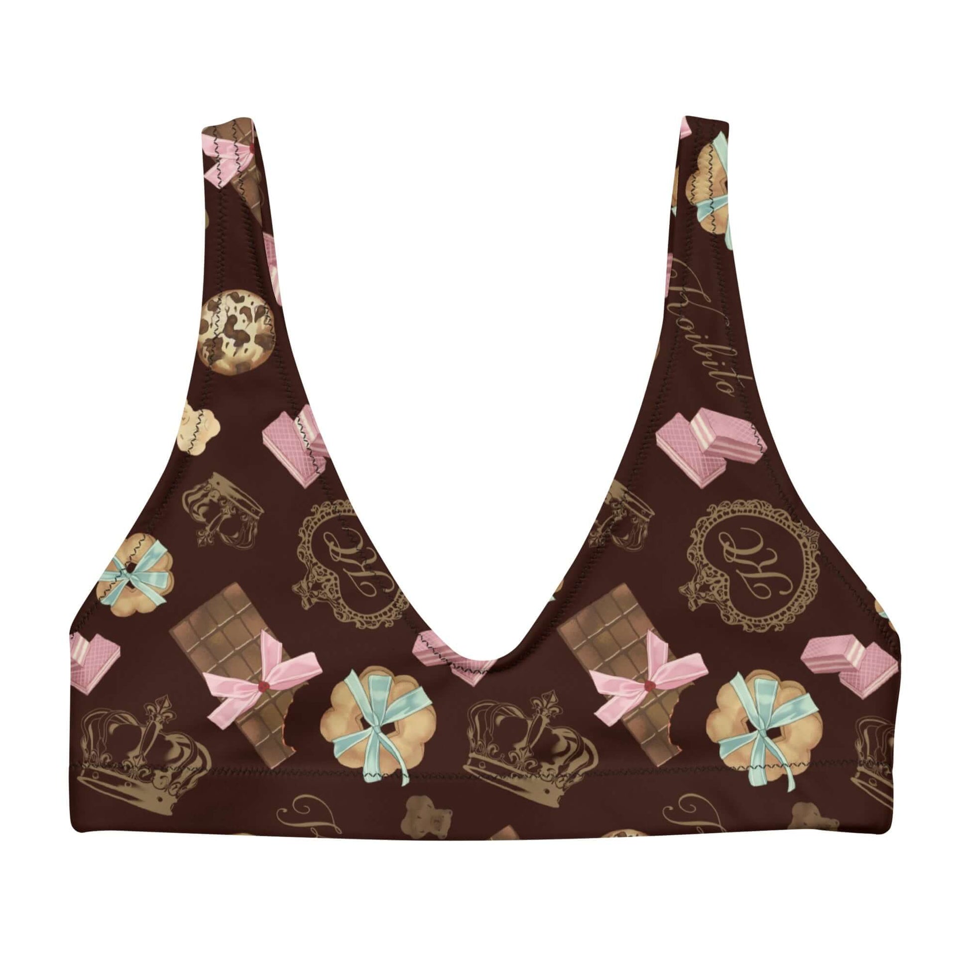Stylish Royal Cookie Padded Bikini Top featuring playful chocolate designs, perfect for summer fun and comfort.