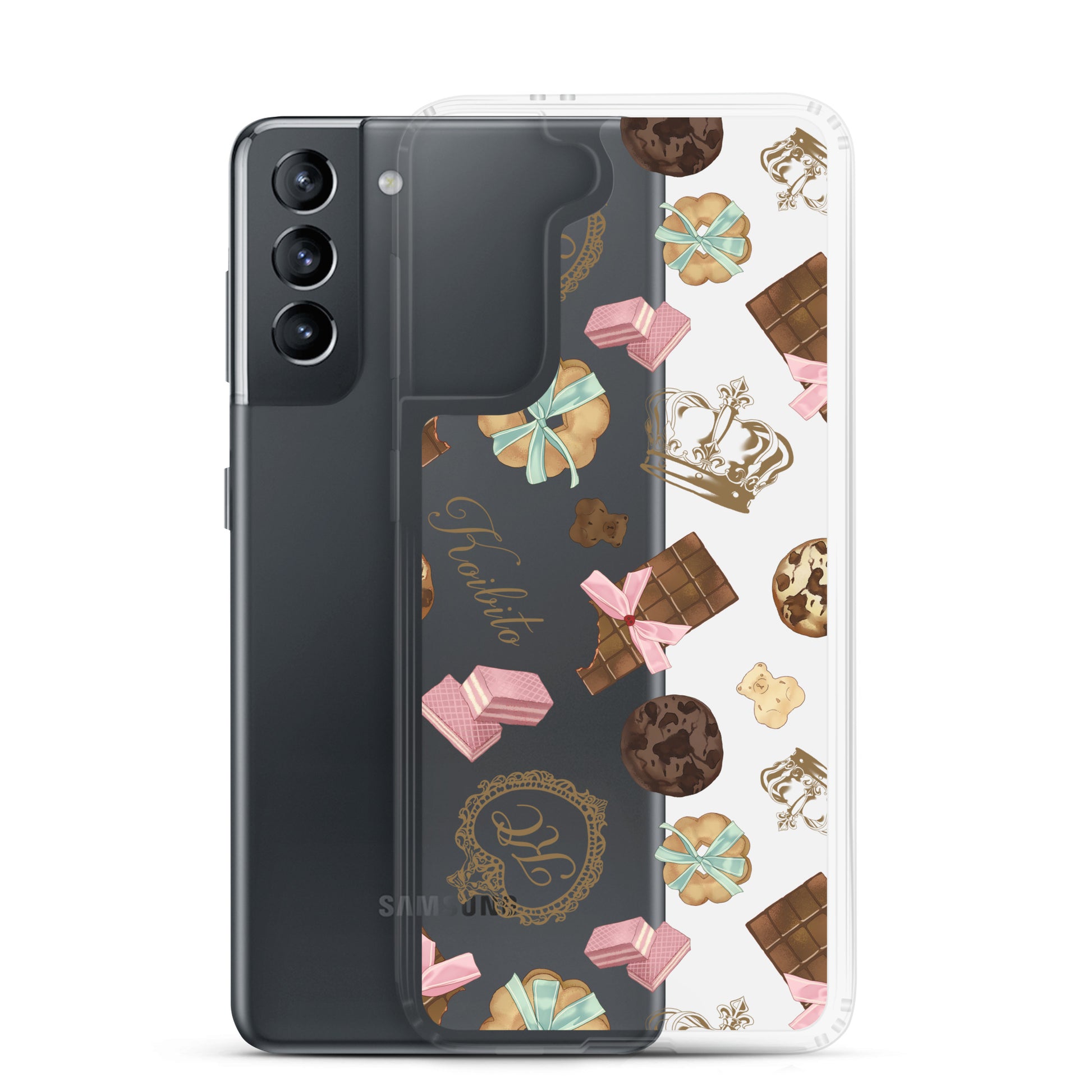 Sleek Royal Cookie Samsung® Clear Case featuring delightful cookie and chocolate designs, perfect for phone protection.