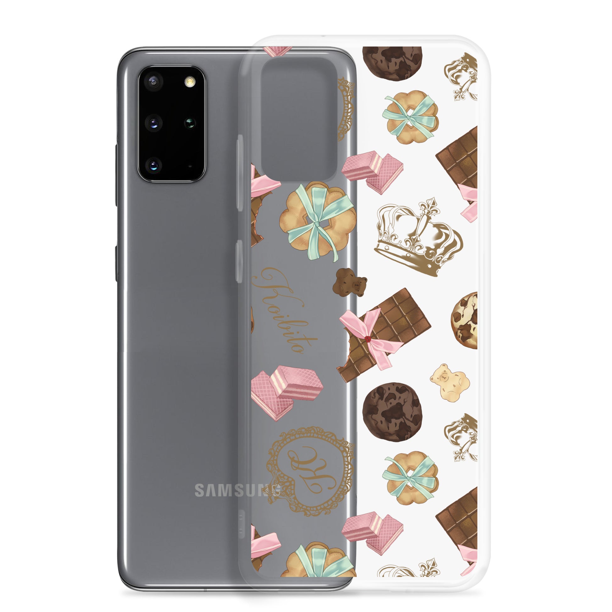 Showcasing the Royal Cookie Samsung® Clear Case with a stylish design featuring cookies and chocolates for protection.
