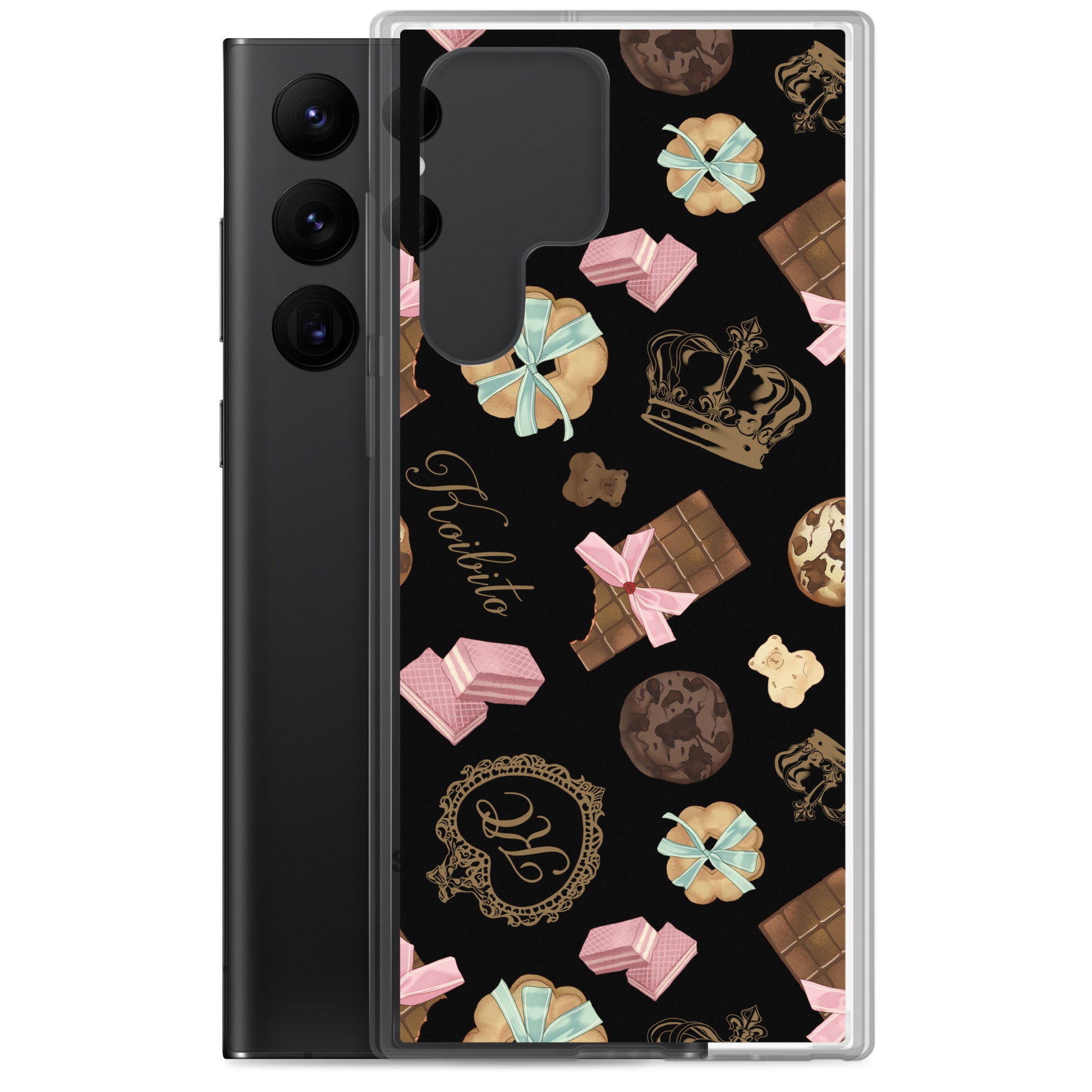 Stylish Royal Cookie Samsung® Clear Case featuring a fun cookie and chocolate design, perfect for protecting your phone.