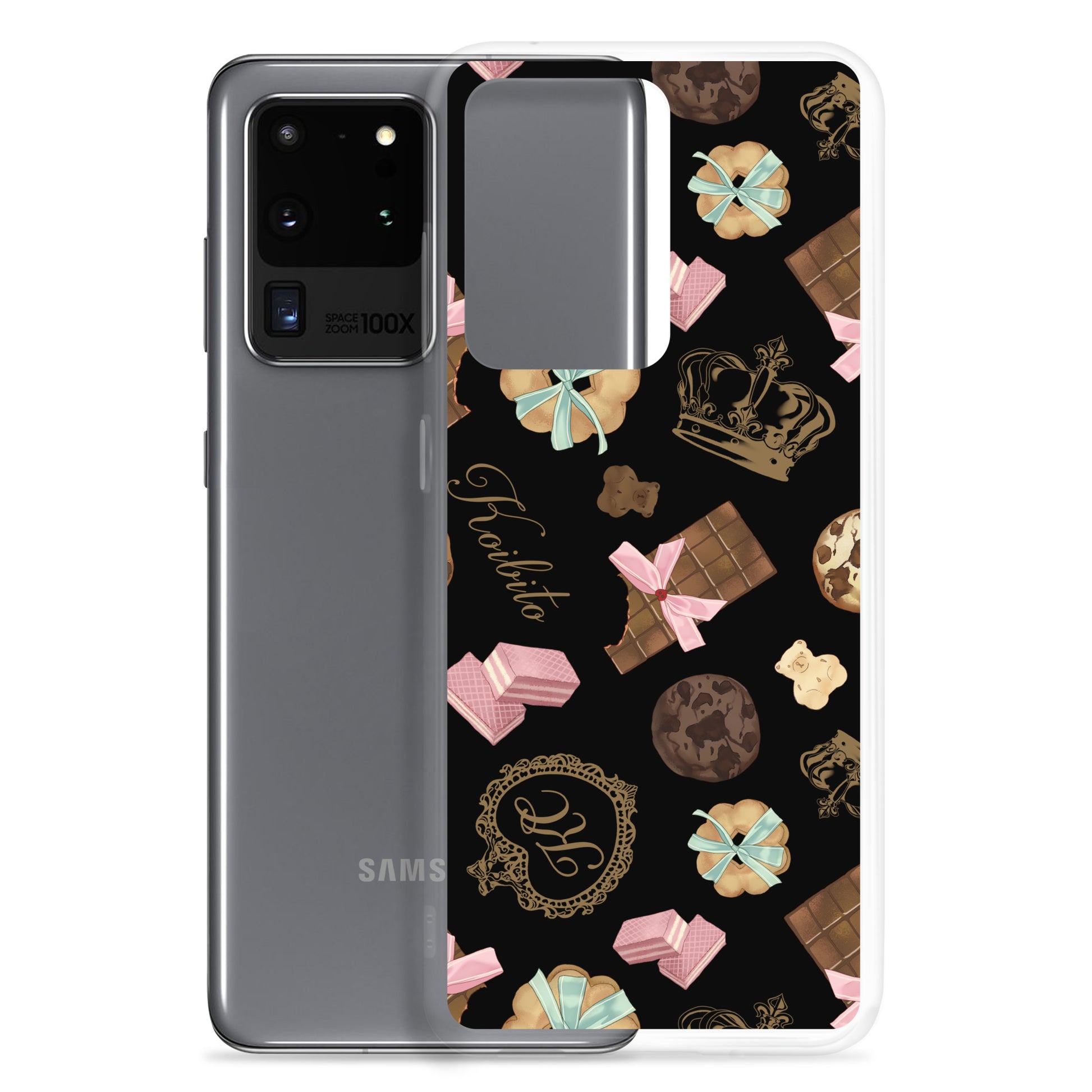 Sleek Royal Cookie Samsung® Clear Case featuring a fun cookie design, protecting your phone from scratches and dust.