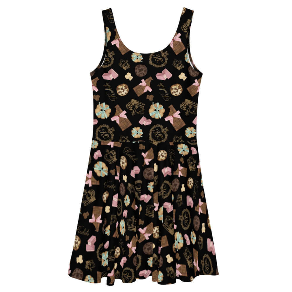 Flared Royal Cookie Skater Dress featuring a playful cookie and chocolate pattern, perfect for casual outings.