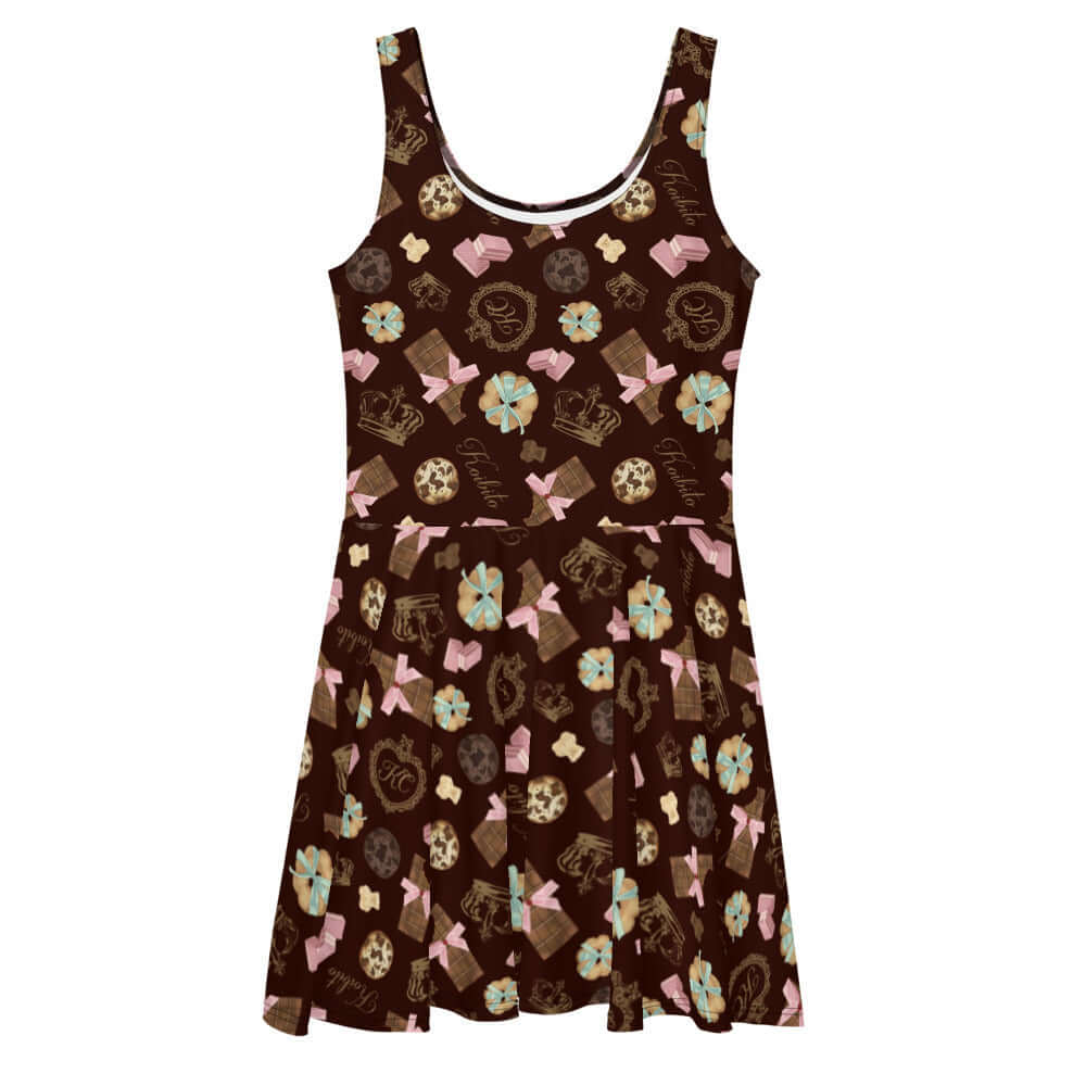 Stylish Royal Cookie Skater Dress featuring a playful cookie and chocolate design for a sweet look. Perfect for any occasion!