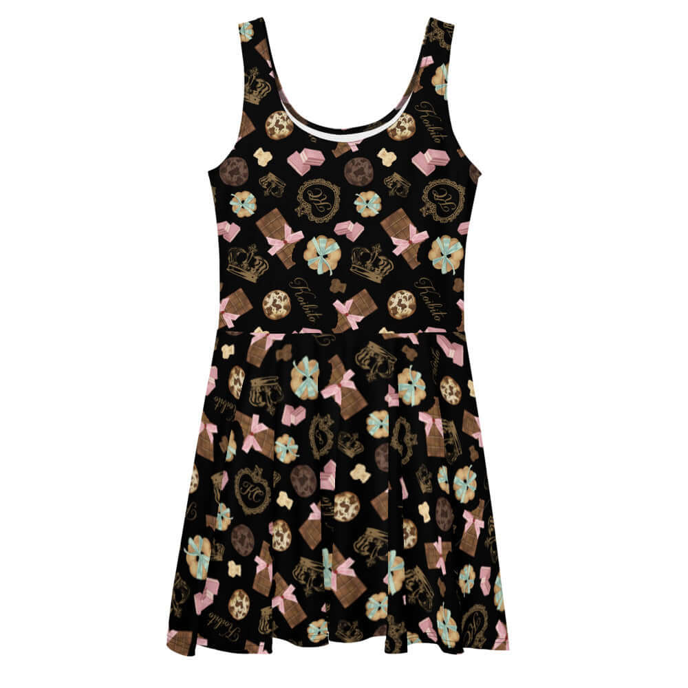 Stylish Royal Cookie Skater Dress featuring a fun chocolate and cookie pattern, perfect for playful occasions.