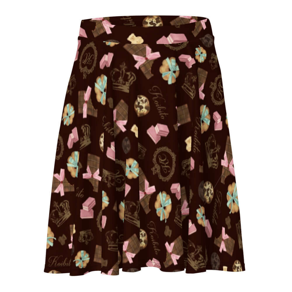 Flattering Royal Cookie Skater Skirt featuring a fun chocolate and cookie print, perfect for any occasion.