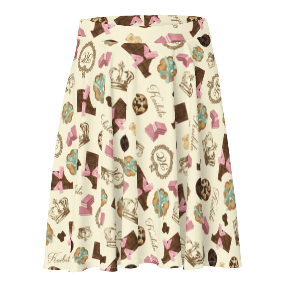 Flatter your figure with the Royal Cookie Skater Skirt, featuring a delightful chocolate and cookie pattern.