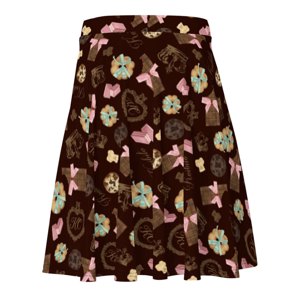 Flatter your figure with the Royal Cookie Skater Skirt, featuring a fun chocolate and cookie pattern. Perfect for any occasion!