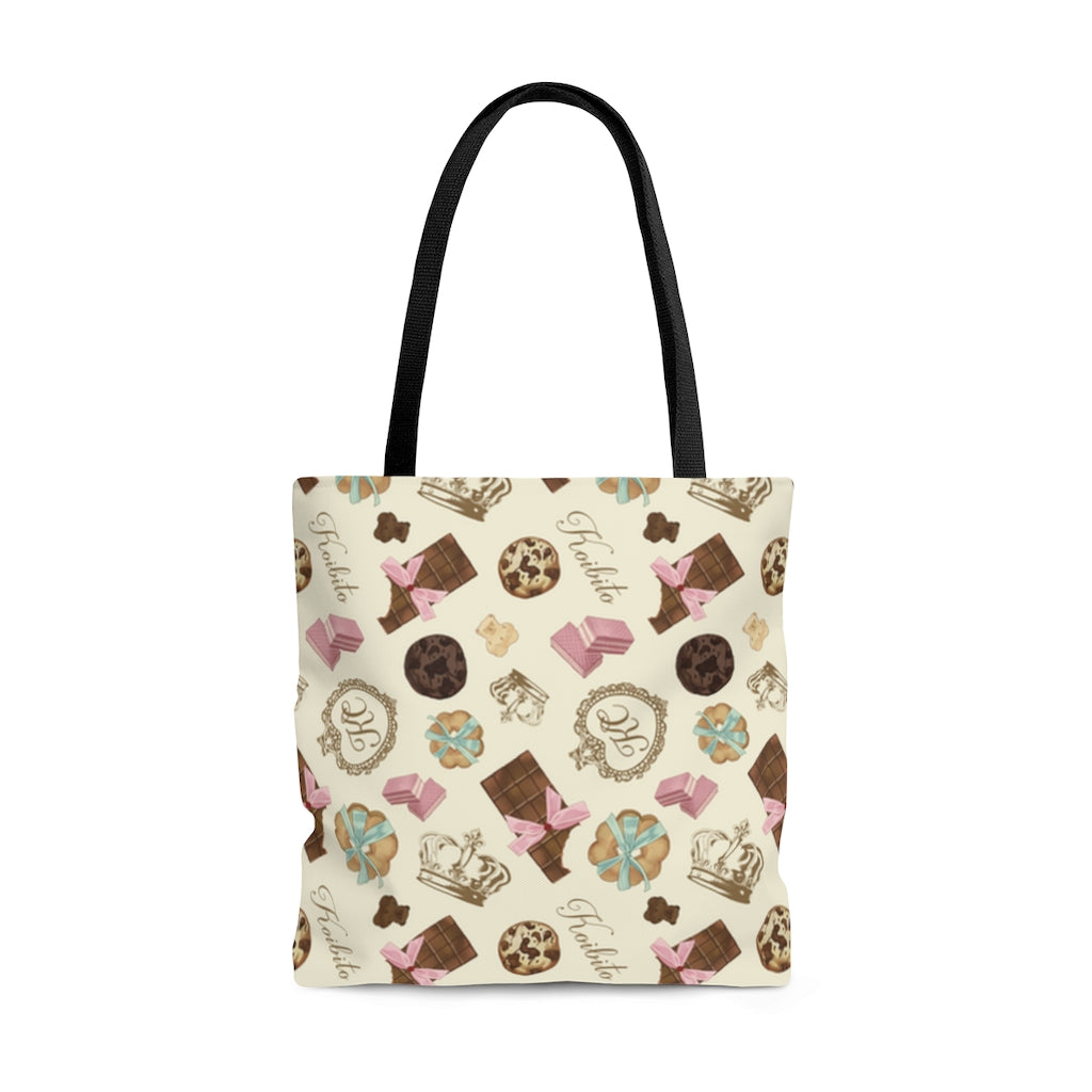 Stylish Royal Cookie Tote Bag (Vanilla) featuring fun cookie and chocolate patterns, perfect for everyday use.
