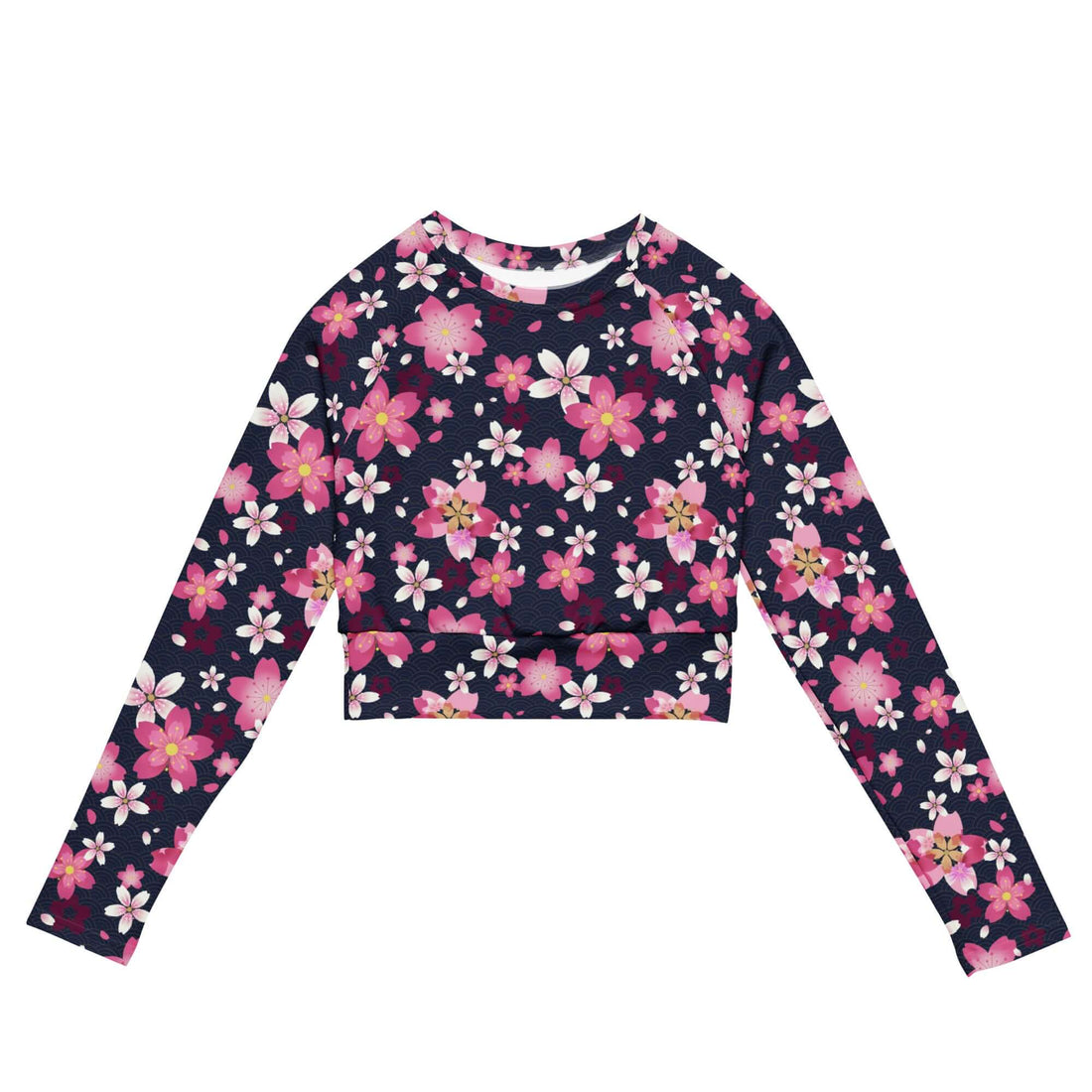 Sakura Long-sleeved Crop Top features a floral design, perfect for eco-friendly athleisure and comfortable fits.