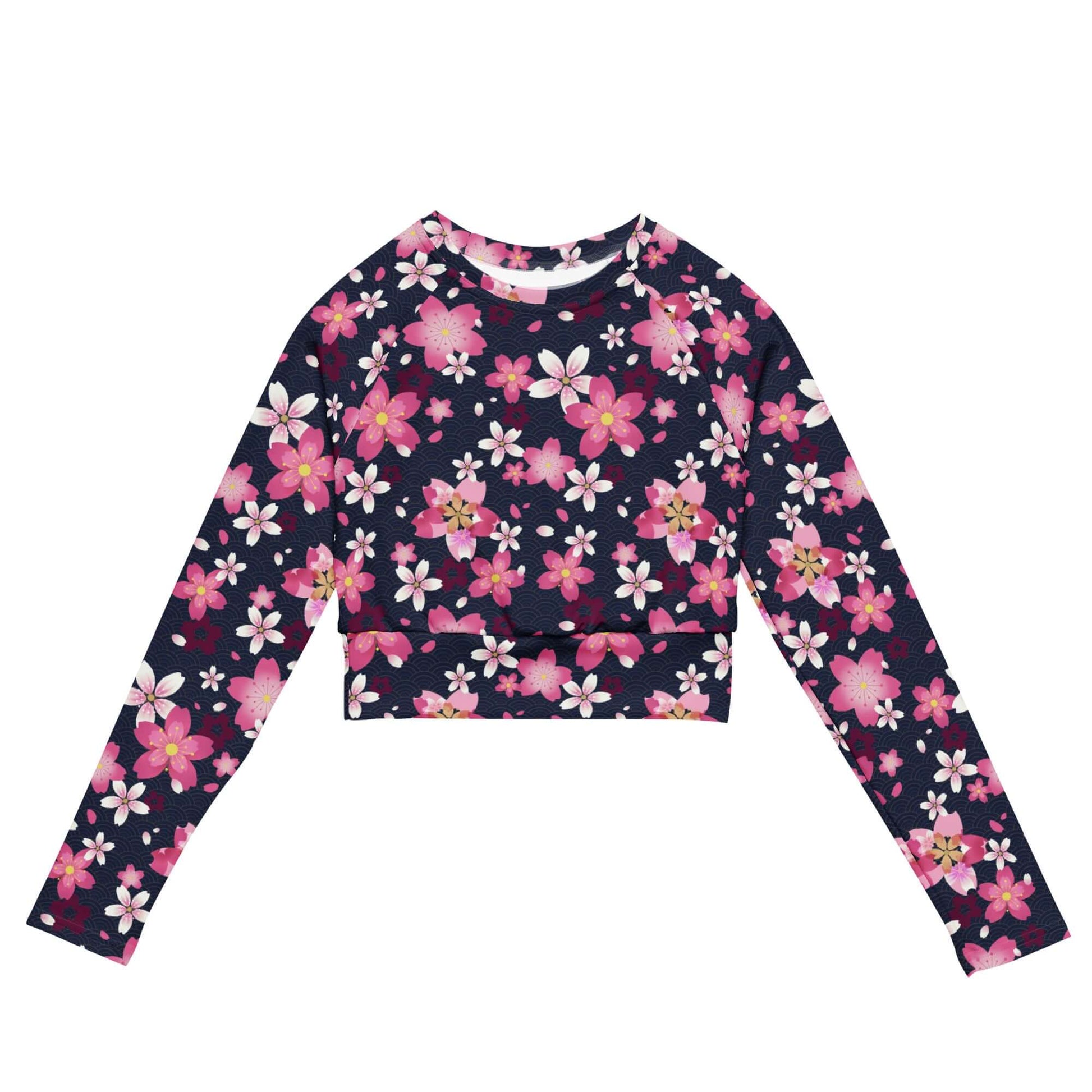 Sakura Long-sleeved Crop Top features a floral design, perfect for eco-friendly athleisure and comfortable fits.