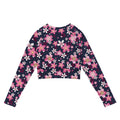 Sakura Long-sleeved Crop Top features a floral design, perfect for eco-friendly athleisure and sportswear.