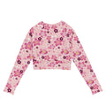 Sakura Long-sleeved Crop Top features a vibrant floral design, perfect for eco-friendly athleisure or casual wear.