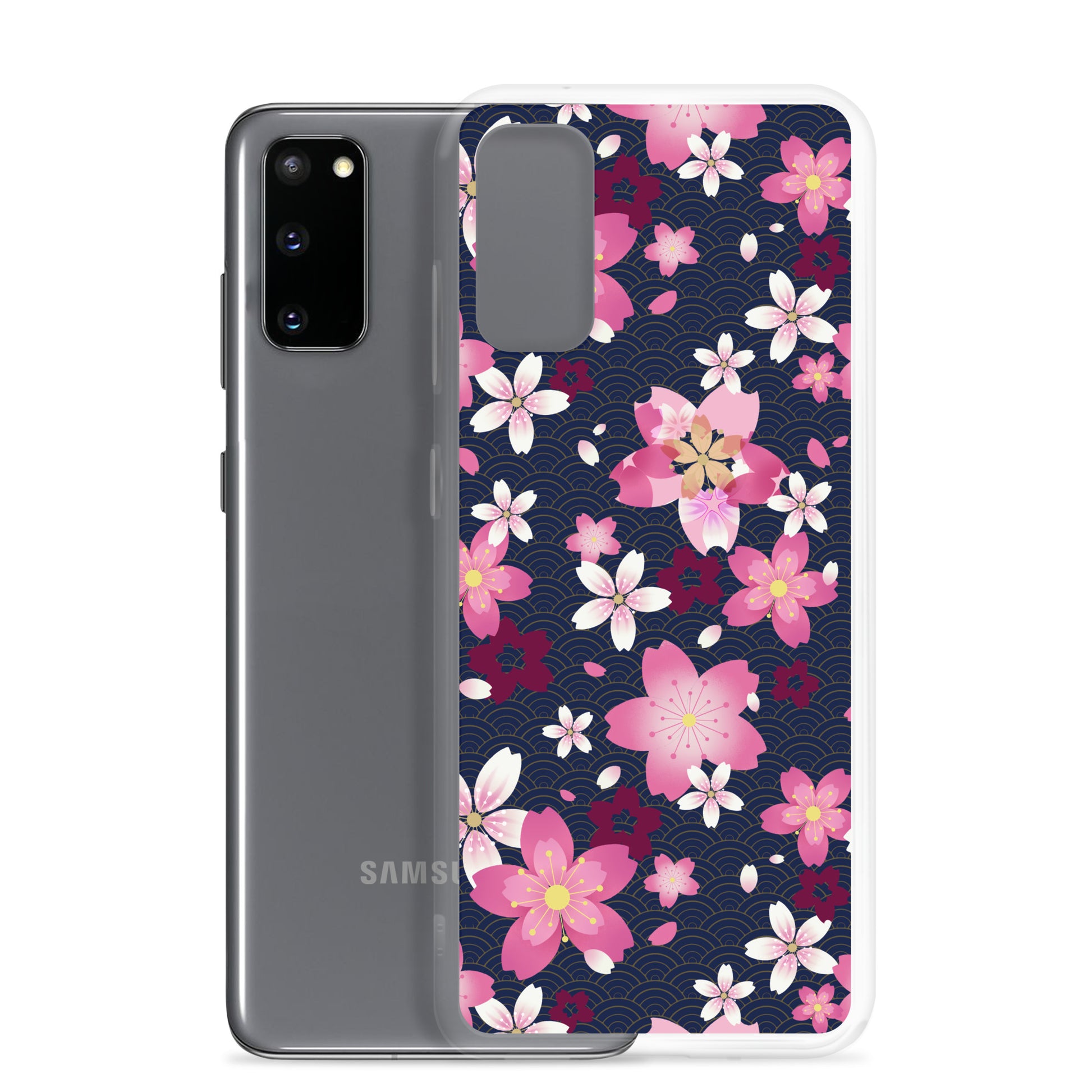 Sakura Samsung® Clear Case showcasing vibrant cherry blossoms, perfect for kawaii aesthetic and everyday protection.