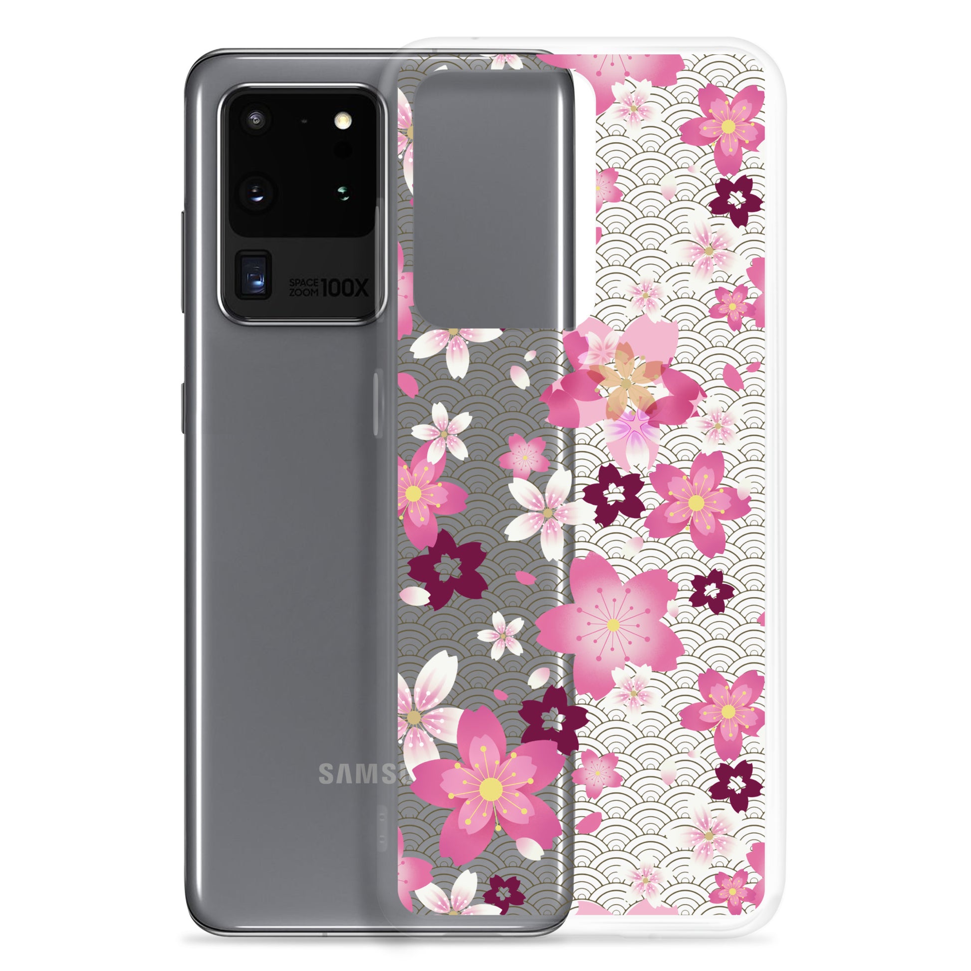 Sakura Samsung® Clear Case featuring vibrant floral designs, perfect for kawaii aesthetics and daily protection.