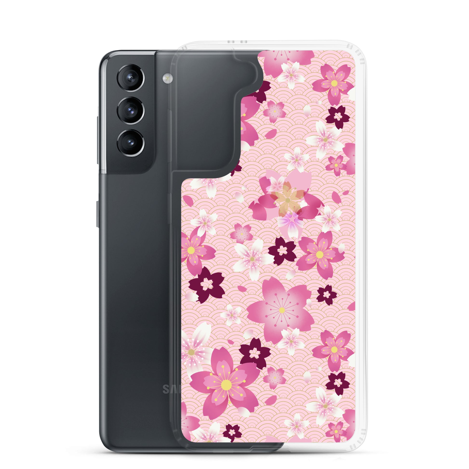 Sakura Samsung® Clear Case showcases a floral design, blending kawaii aesthetics with daily protection for your phone.