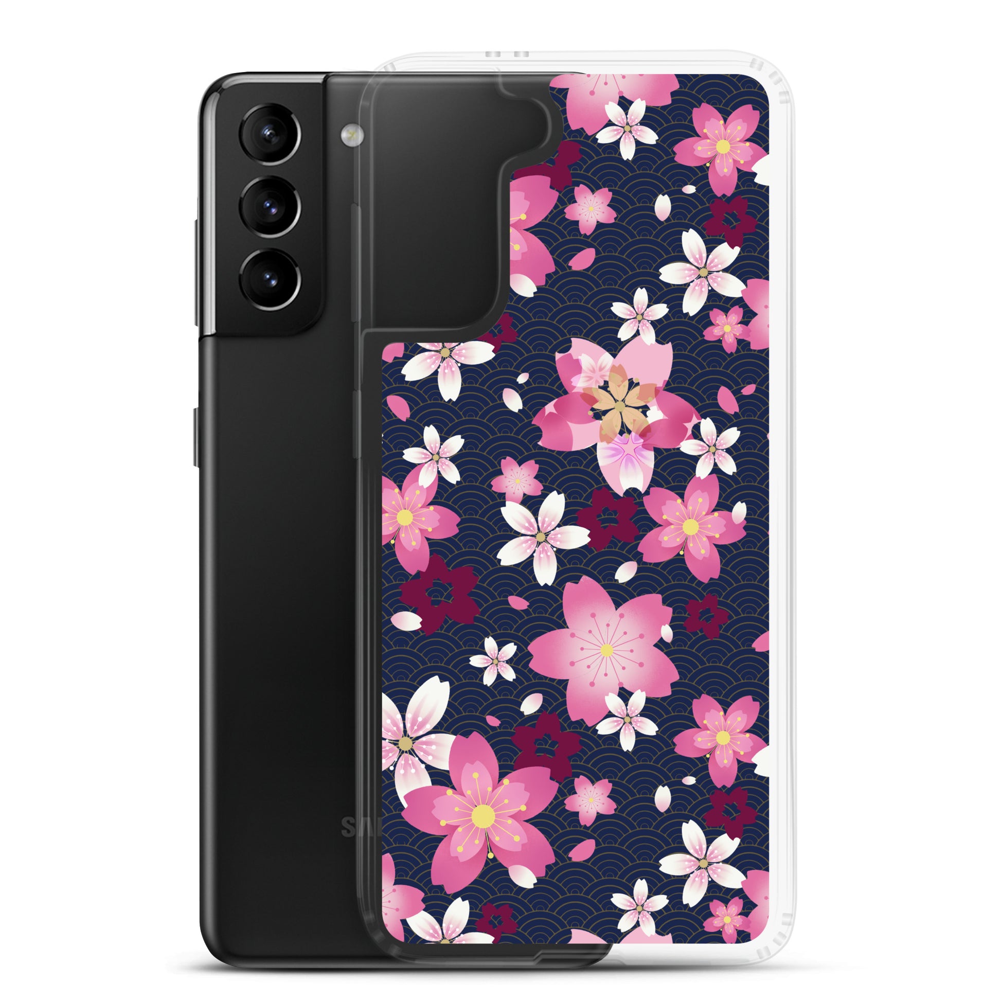Sakura Samsung® Clear Case featuring vibrant cherry blossoms, protecting your phone with style and elegance.