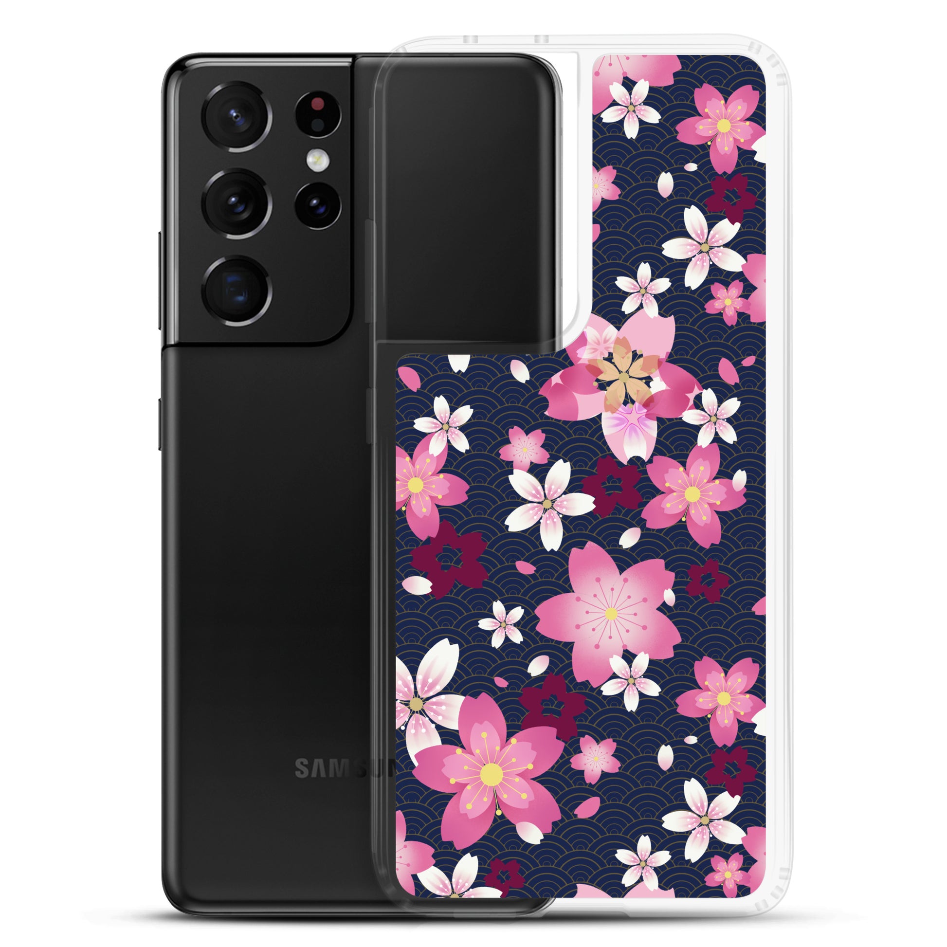 Sakura Samsung® Clear Case featuring vibrant cherry blossoms, protecting your phone with kawaii Japanese style.