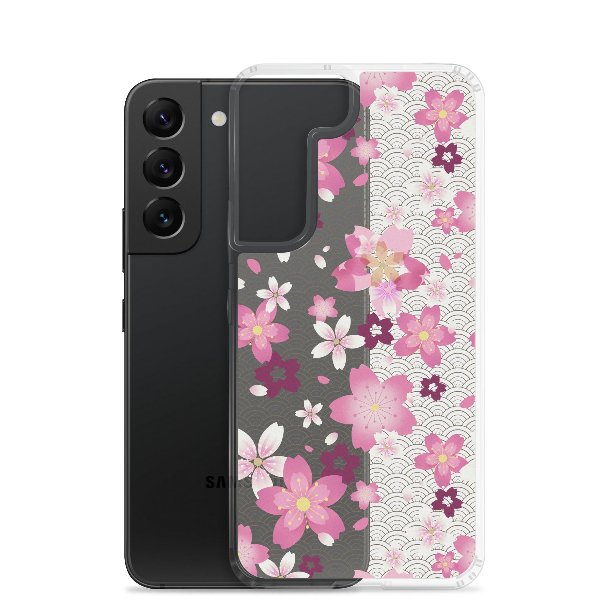 Stylish Sakura Samsung® Clear Case features vibrant cherry blossom design, offering protection and kawaii aesthetic.