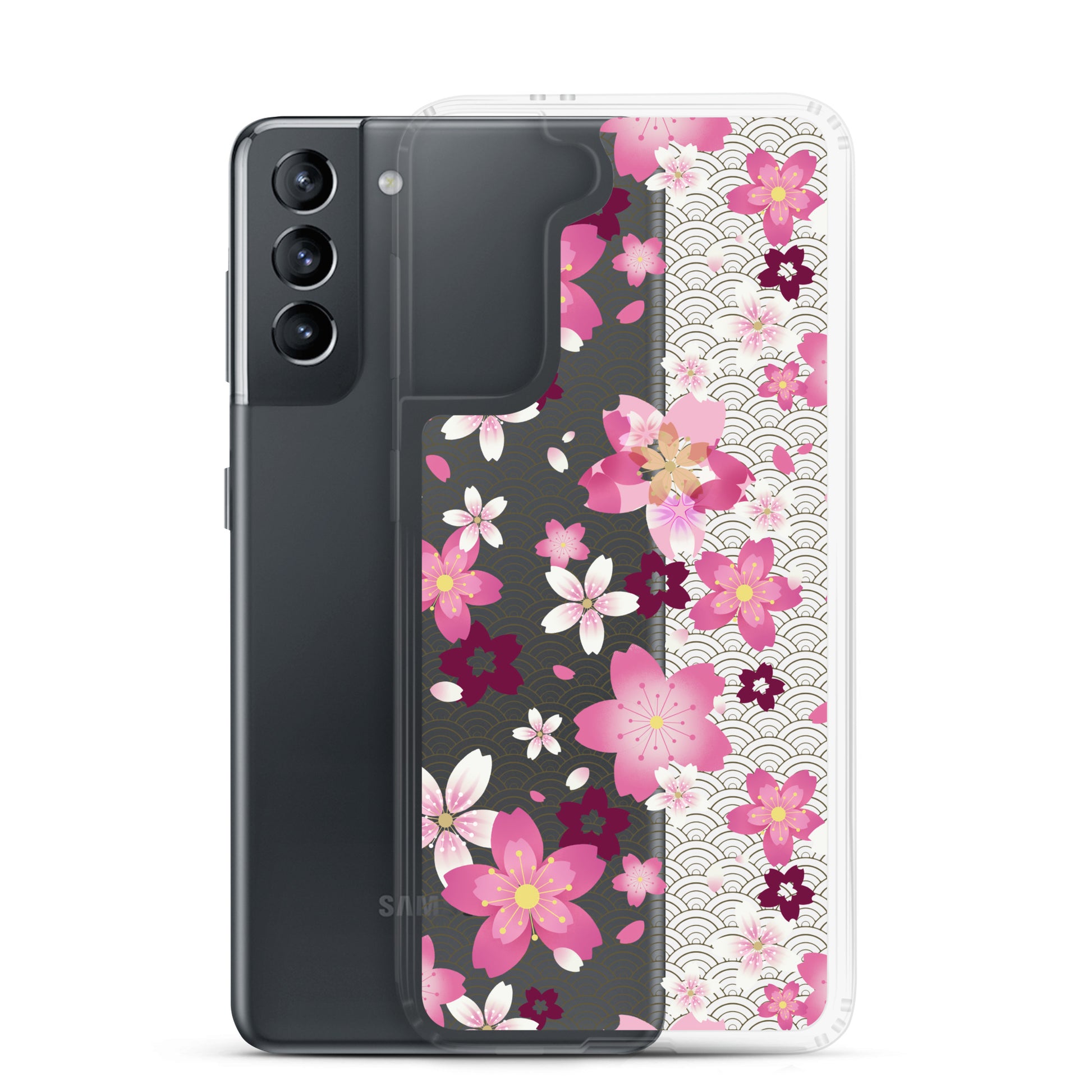 Sakura Samsung® Clear Case elegantly showcases pink cherry blossoms, perfect for kawaii style and everyday protection.